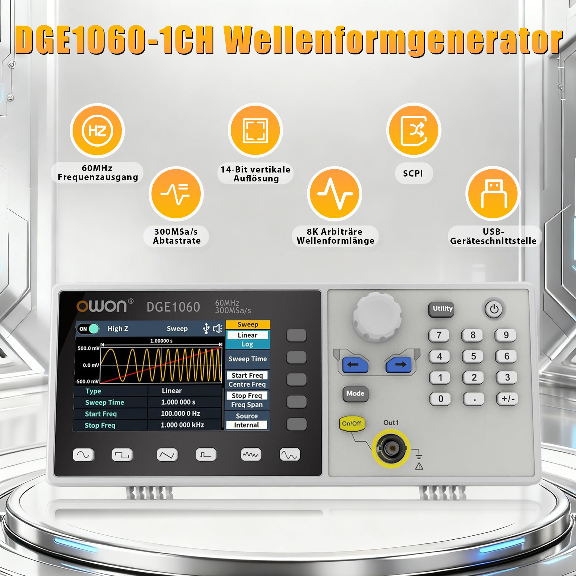 OWON DGE1060 Funktionsgenerator für präzise Signaltests und Entwicklung, 60 MHz, 300 MSa/s, 14 Bit, SCPI und PC-Steuerung