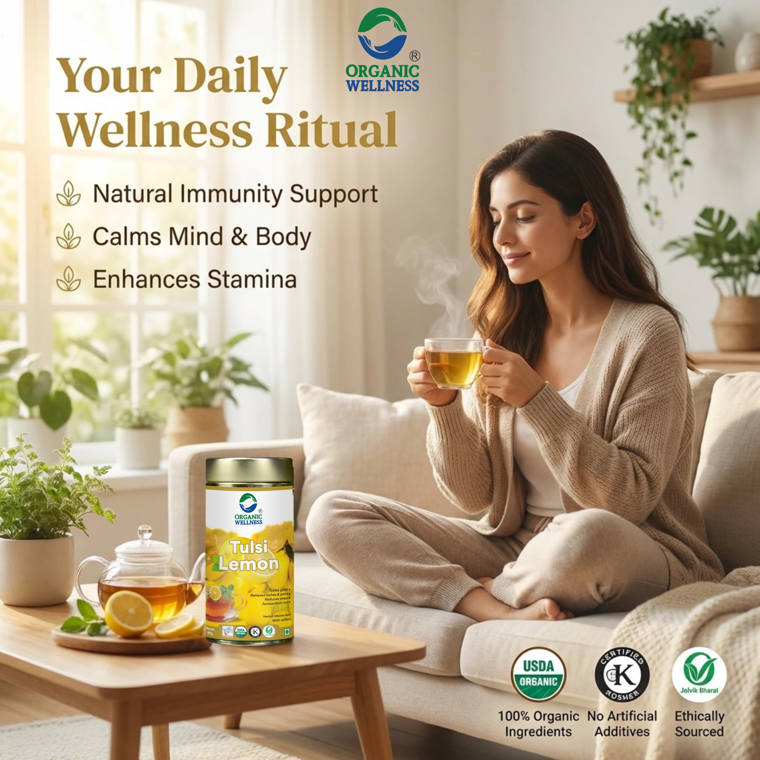 Organic Wellness Tulsi Lemon Herbal Tea 100 Gram Tin | Natural Blend with Tulsi Ginger and Lemongrass | Boosts Immunity Enhances Stamina Supports Weight Management Reduces Stress Refreshing Healthy product image 4