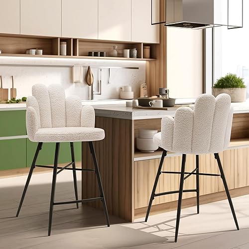 Boucle - Juego de 2 taburetes de bar de 26 pulgadas, modernos taburetes de bar tapizados de sherpa con respaldo y patas de metal, silla de bar en