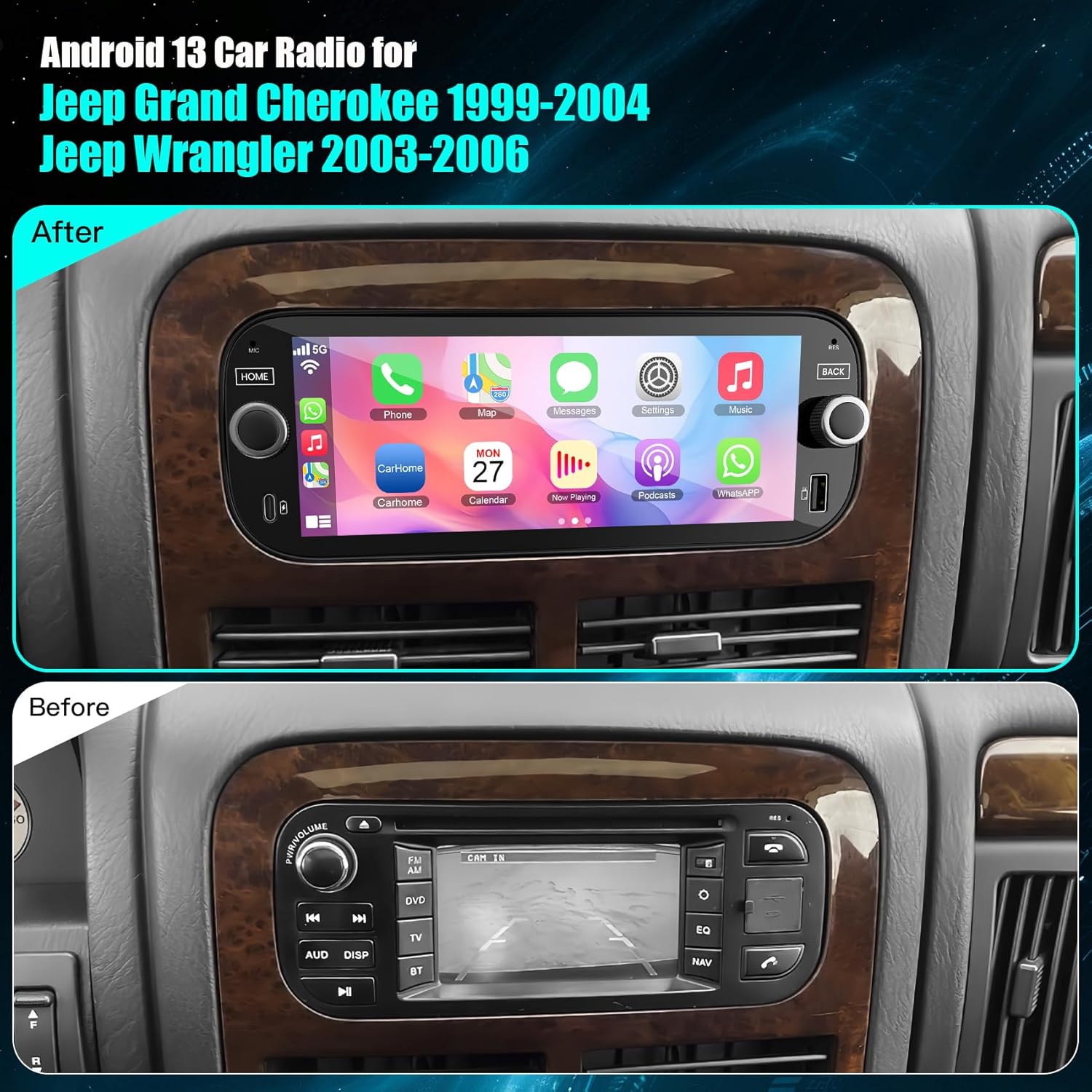 4+64G Car Radio with Quick Charging for Dodge Ram&Jeep Wrangler Grand Cherokee, 6.8 Inch Car Stereo Built-in Carplay Android Auto,GPS Navigation, Back-up Camera, Bluetooth,Android 13