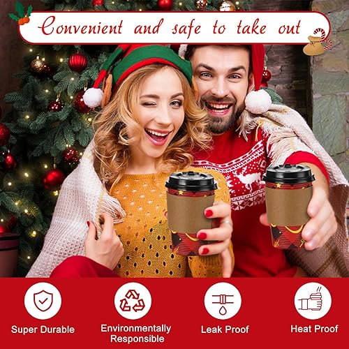 Miniatura 3 de Yaomiao Paquete de 120 tazas de café desechables de Navidad con tapas y fundas de 12 onzas, tazas calientes de búfalo rojo y negro, para fiestas de