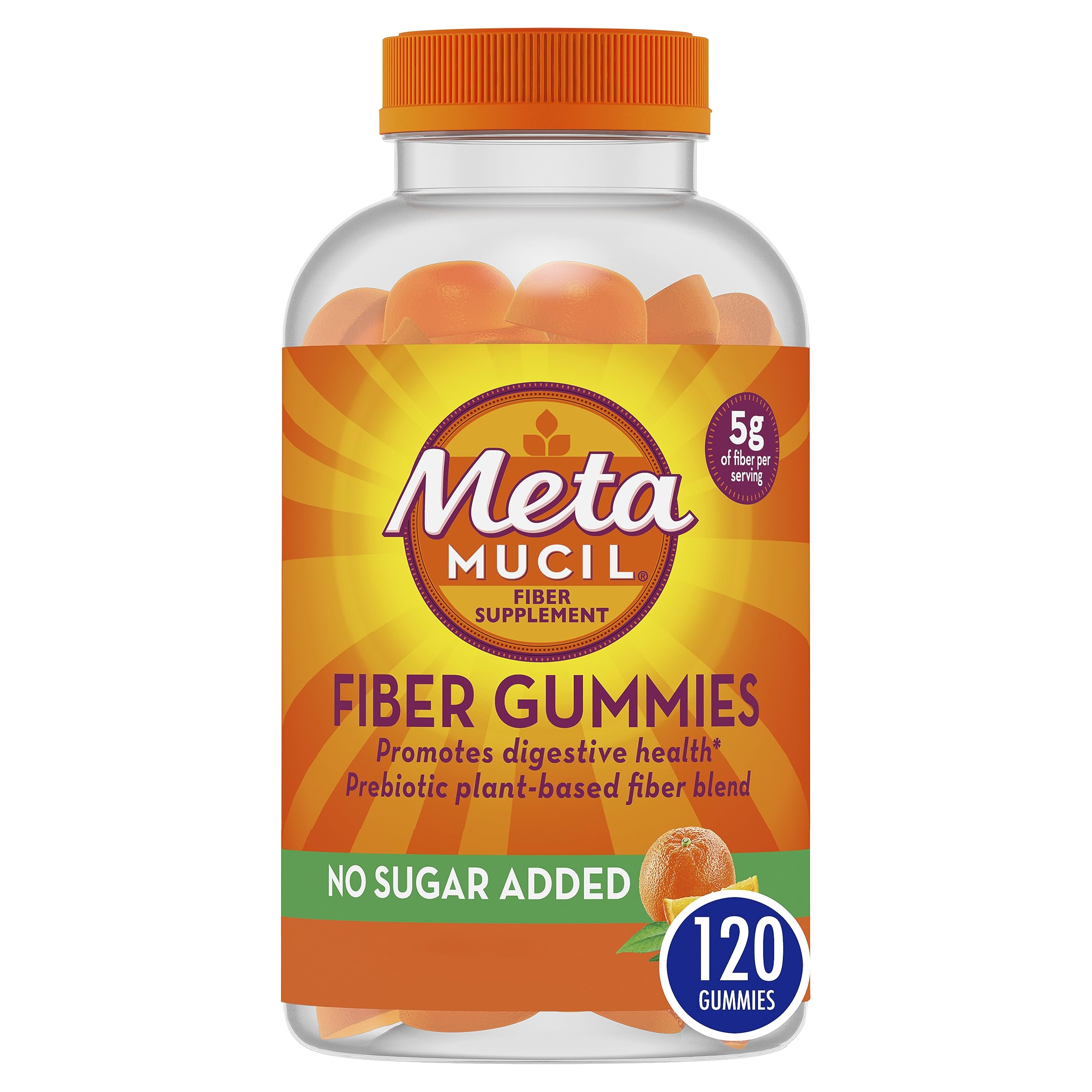 Metamucil Fiber Supplement Gummies, Sugar Free Orange Flavor, 5g Prebiotic  Based Fiber Blend, 120 Count (Pack of 1)