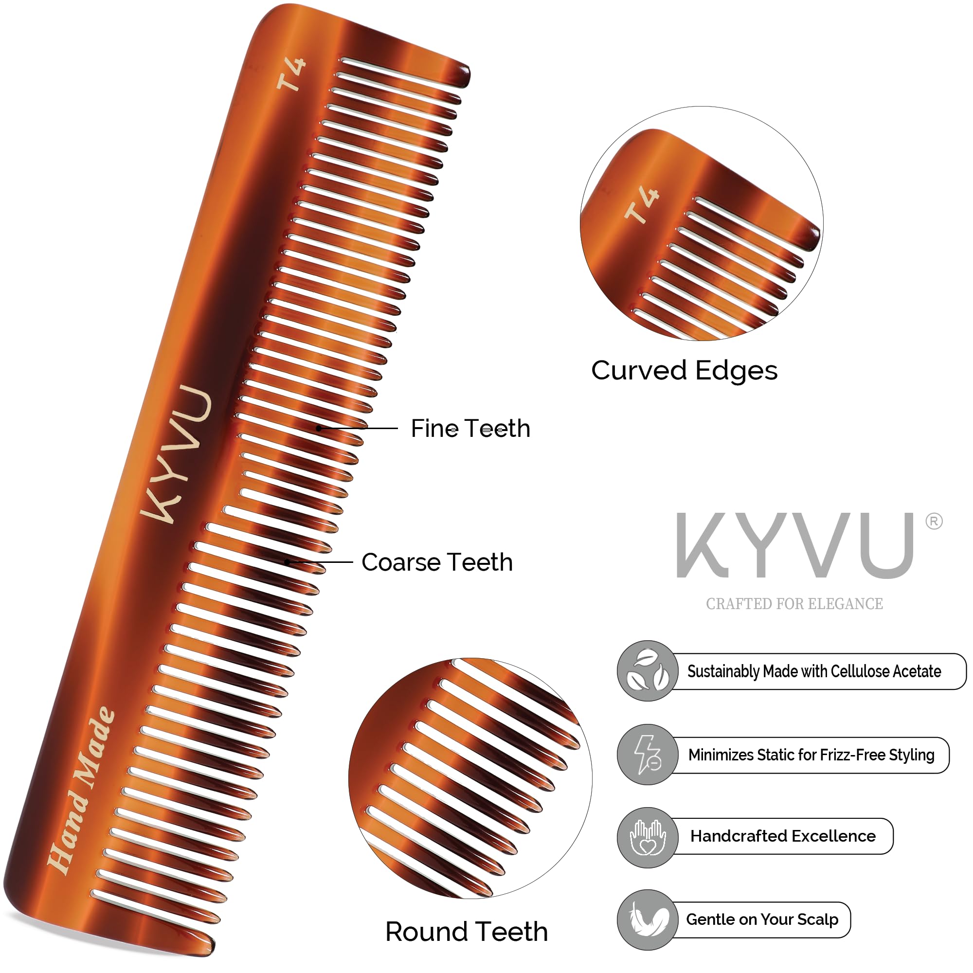 KYVU T4 Handmade Pocket Comb 12.9 cm, Coarse & Fine Tooth Styling Comb for Medium to Thick Hair, Cellulose Acetate - Image 2