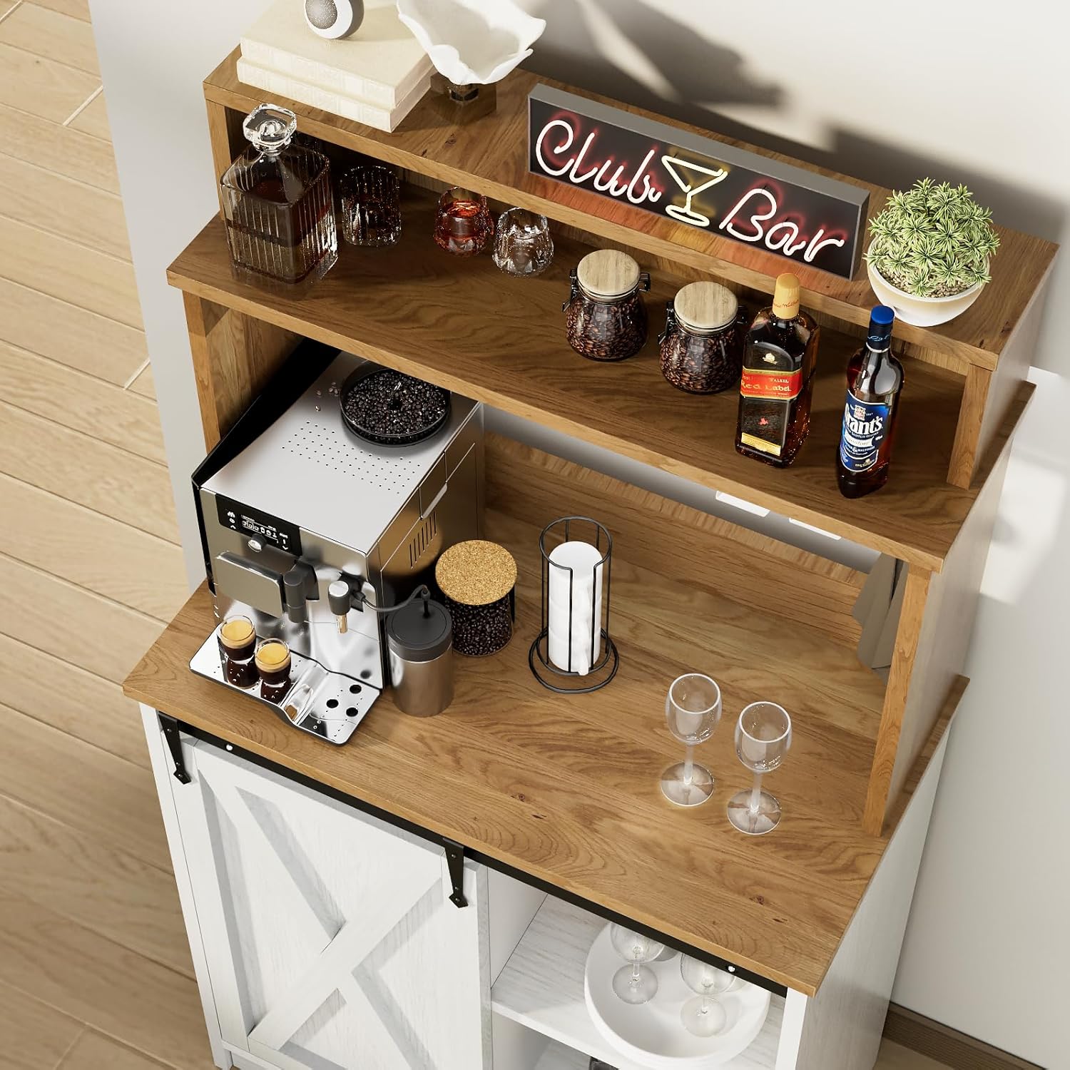 Farmhouse Coffee Station with 3 Tier Storage Hutch & 6 Hooks - 56 Inch Small Coffee Bar Table with Adjustable Shelves for Living/Dining Room
