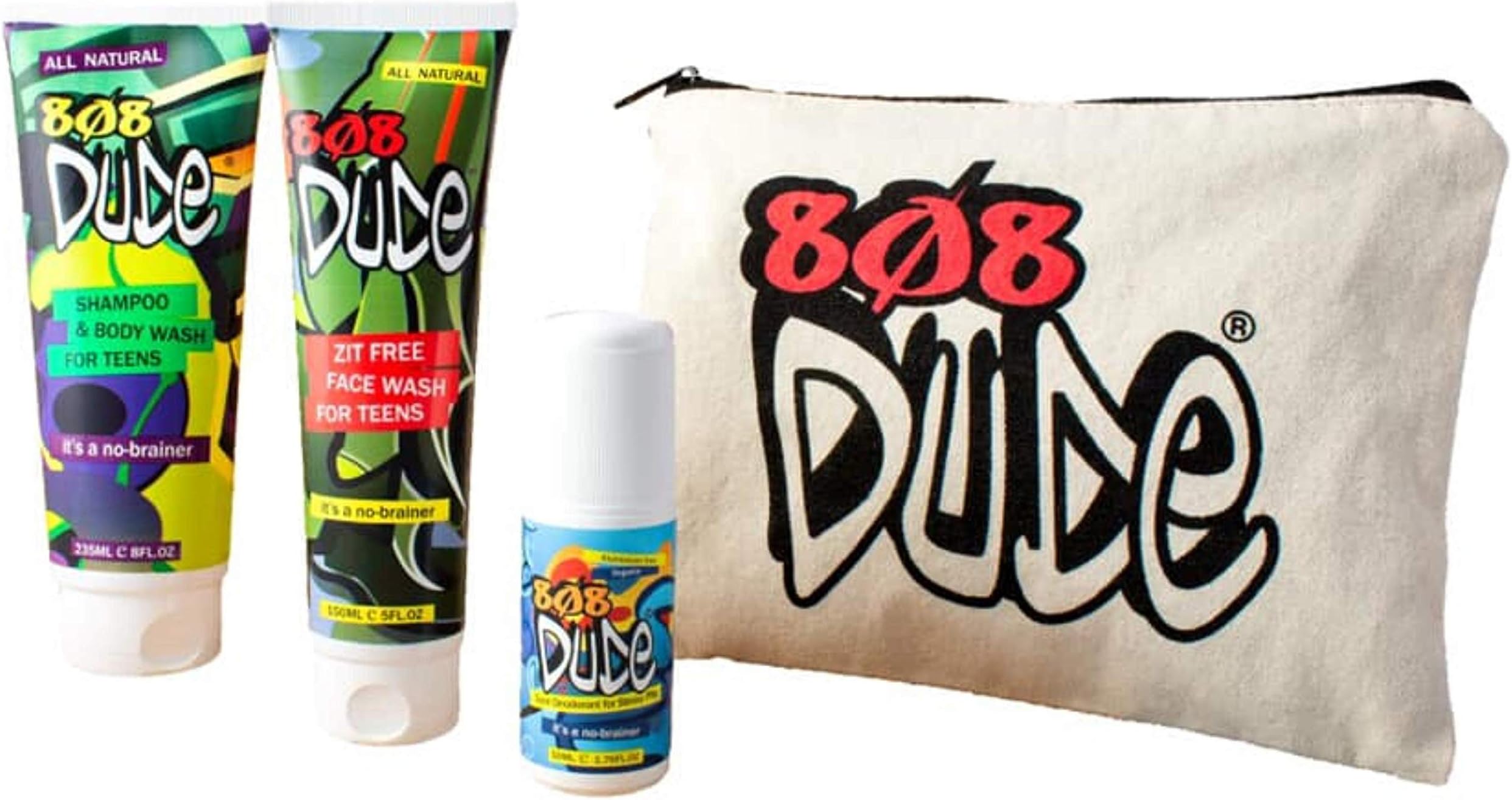Skincare Kit for Teens. Shampoo and Body Wash, Face Wash and Deodorant to Prevent Breakouts and Eliminate Body Odor with Eco-Friendly Cotton Toiletry Bag