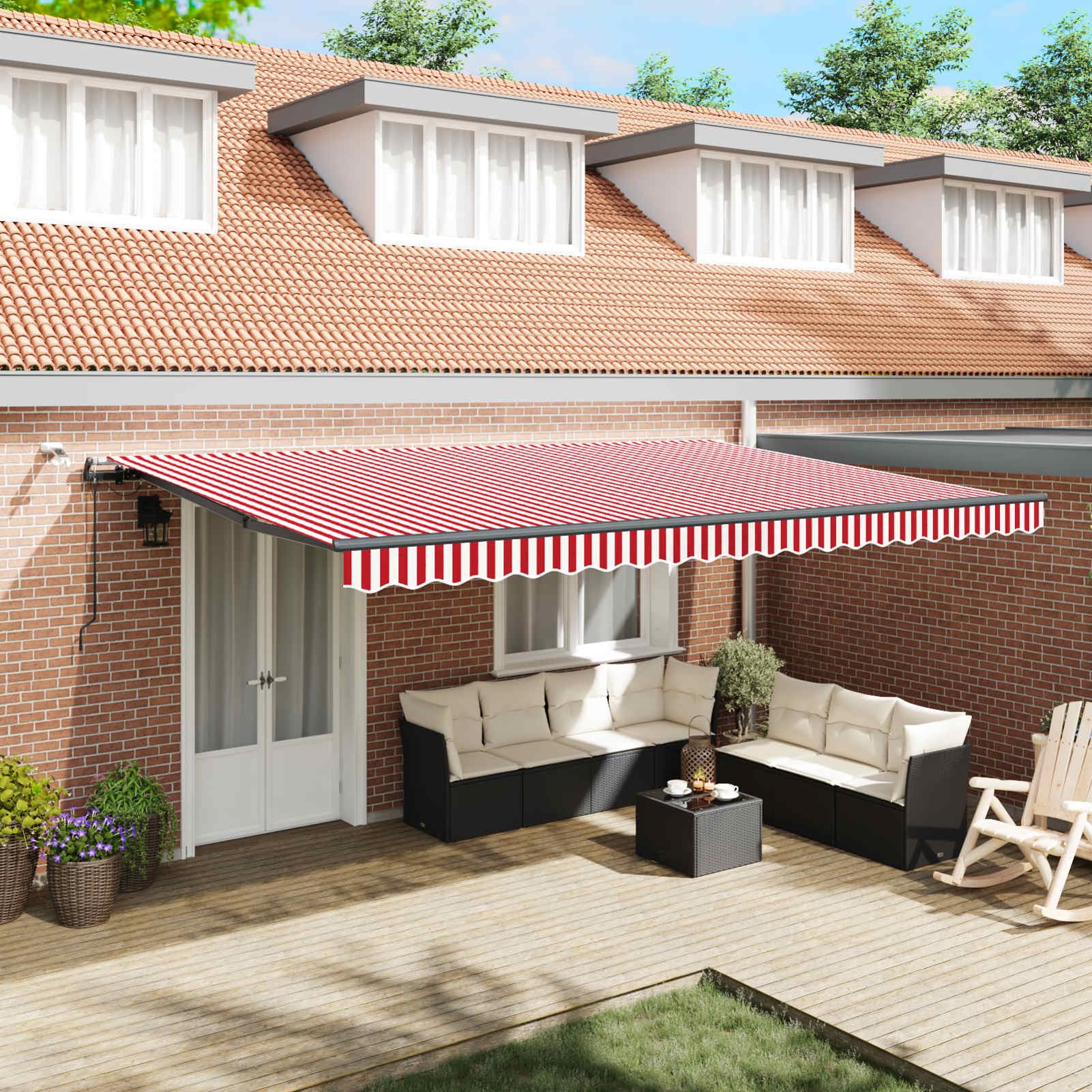 Tessuto per tenda da sole, 500 x 300 cm, rosso e bianco, in poliestere, resistente ai raggi UV, retrattile, per esterni come terrazza, balcone, giardino