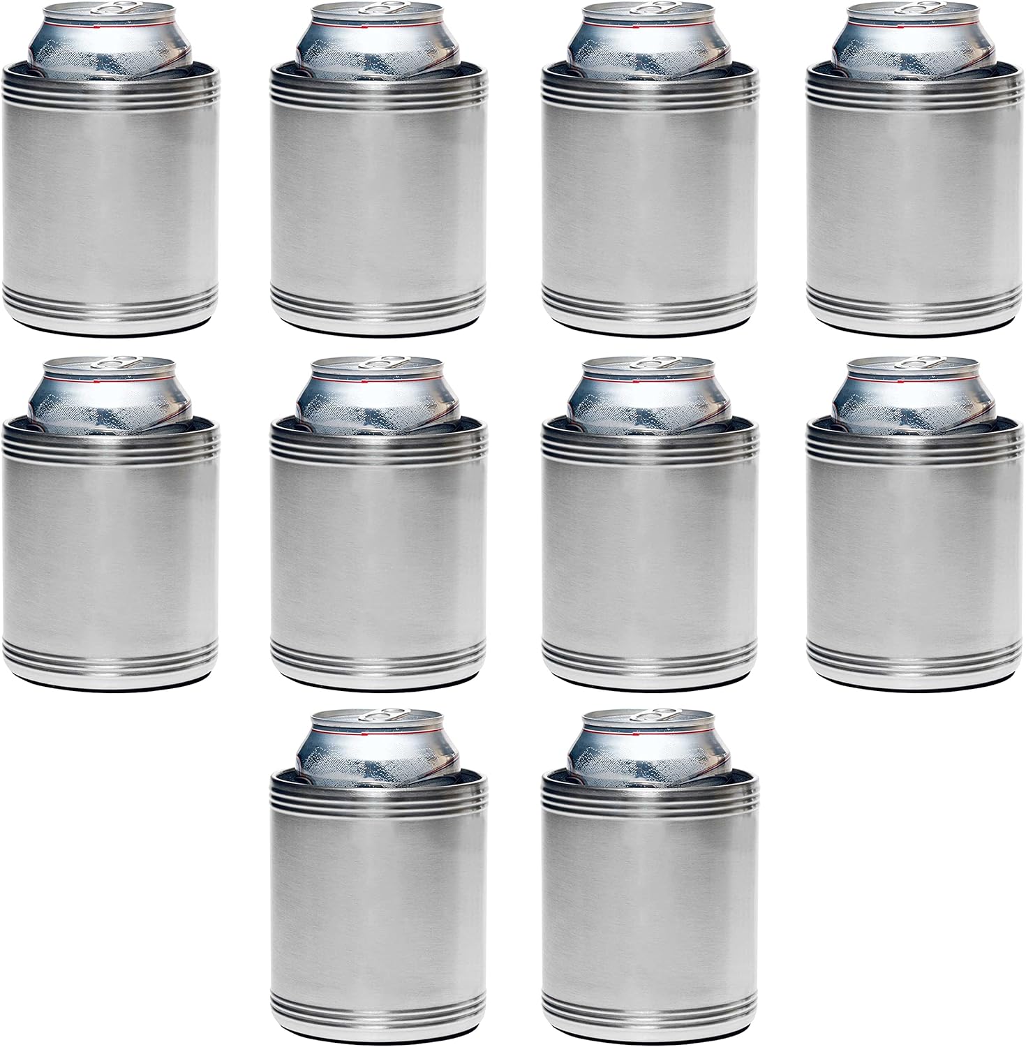 Stainless Steel Can Coolers Set of 10, Bulk Pack - Great for Beer, Soda, Other Beverages - Silver
