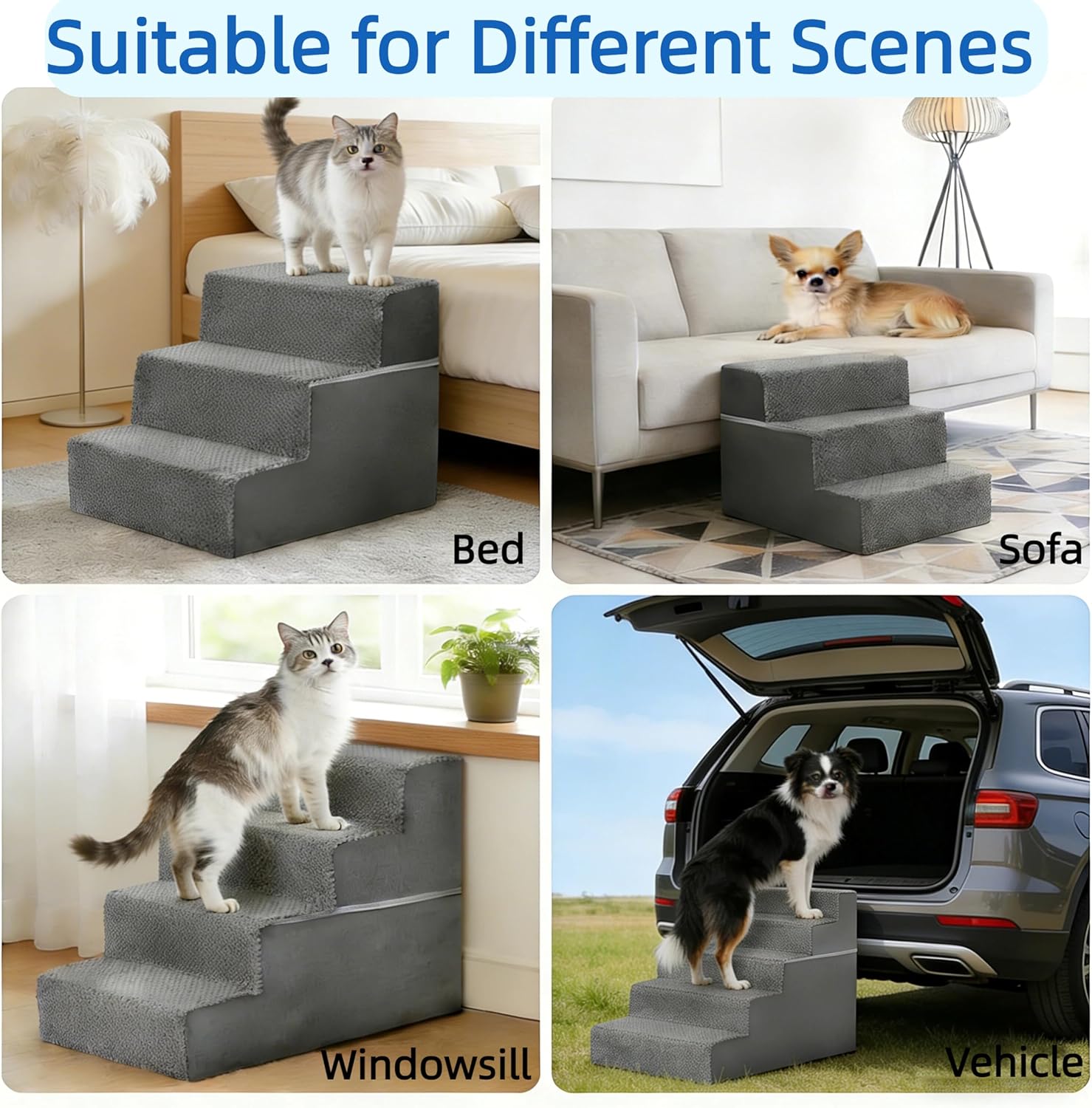 Simple Deluxe Dog Stairs for Small Dogs, 3-Step Dog Step for Puppy, Older Cat, Medium Pet Ramp for Sofa, Couch or Chair, Indoor Non-Slip Pet Ladder with High Density Foam, Gray