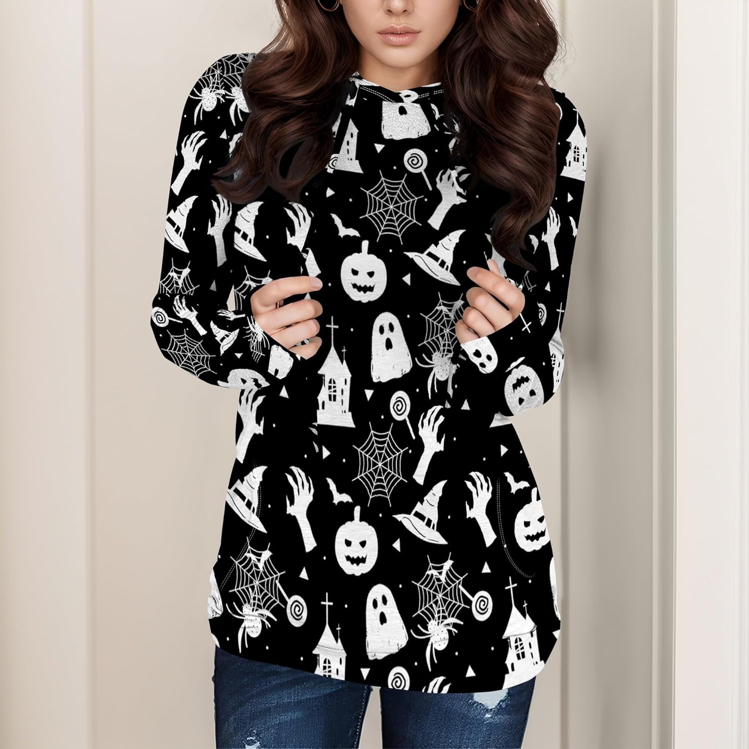 Halloween Hooded Sweatshirt Long Sleeve Pocket Trendy Pumpkin Skull Sweatshirt Halloween Costumes For Holiday Party - Image 2