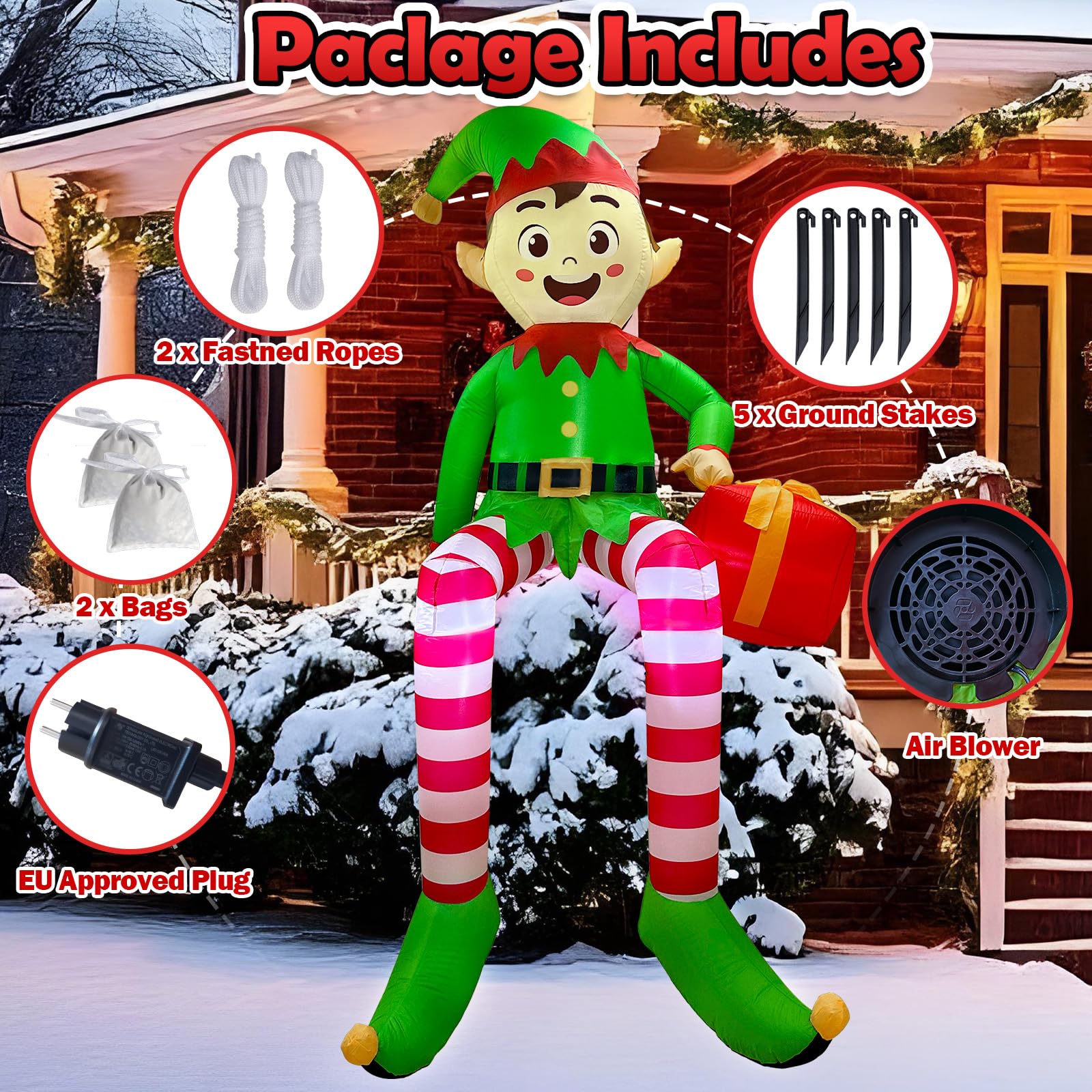 240 cm Aufblasbare Weihnachtsdeko Aussen, Sitzender Elf Aufblasbare Weihnachtsdeko Außen mit Geschenkbox & LED Beleuchtung, Weihnachten Deko Draußen Outdoor für Garten, Balkon, Draußen