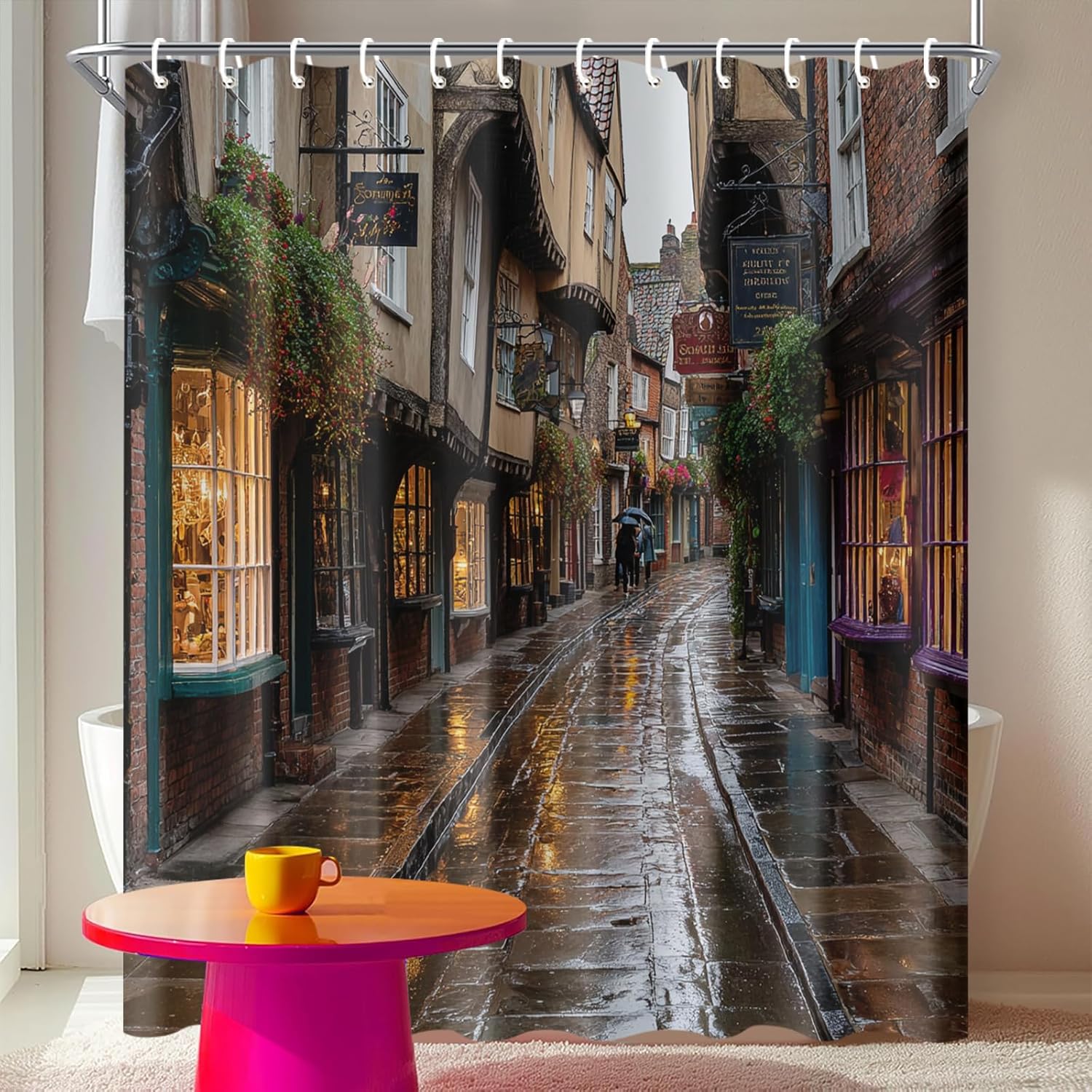 Rainy Alley Shower Curtain 72x72 Inch with Hooks Vintage European Street Scene Fabric Bathroom Decor with Cobblestone Road and Shop Windows for Travelers Book Lovers Urban Bathtub