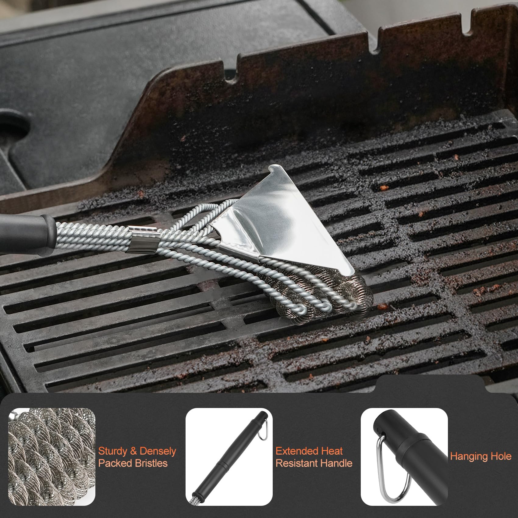 Onlyfire Kit de Nettoyage Barbecue INOX - 2 Brosses, 1 Grattoir, 13 Tiges pour BBQ Gaz, Charbon, Plancha