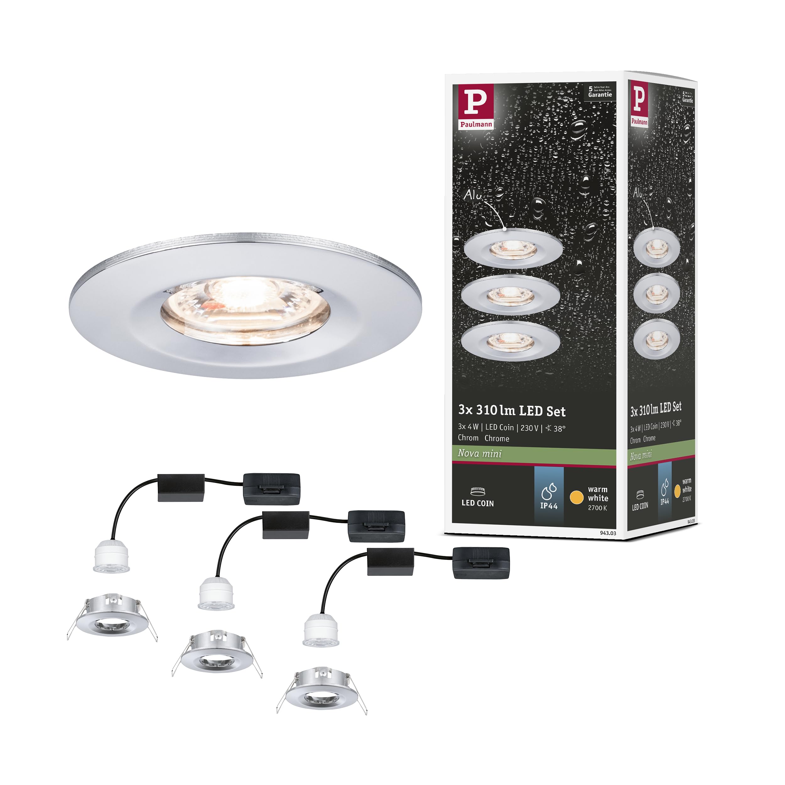 Paulmann 94303 Nova mini LED recessed luminaire Coin Round Rigid incl. 3x4 watt recessed Ceiling Spotlight Chrome recessed lamp Aluminium Warm White 2700 K