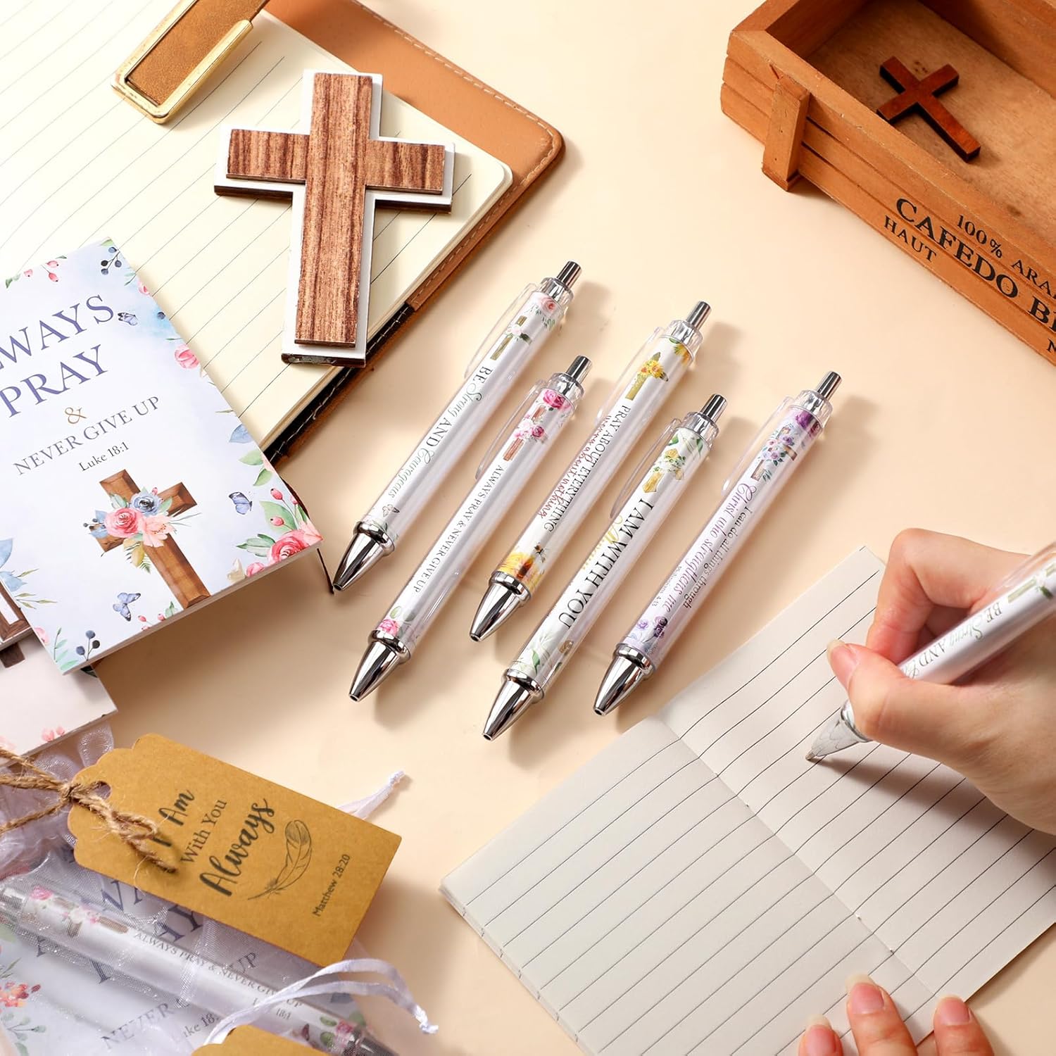 Qeeenar 200 Pcs Christian Gifts Bulk Sets Bible Verse Religious Ballpoint Pen and Notebook Gift Set with Thanks Tags Organza Bag Gift Bulk for Women Church Christian Party Favors(Colorful,Floral)
