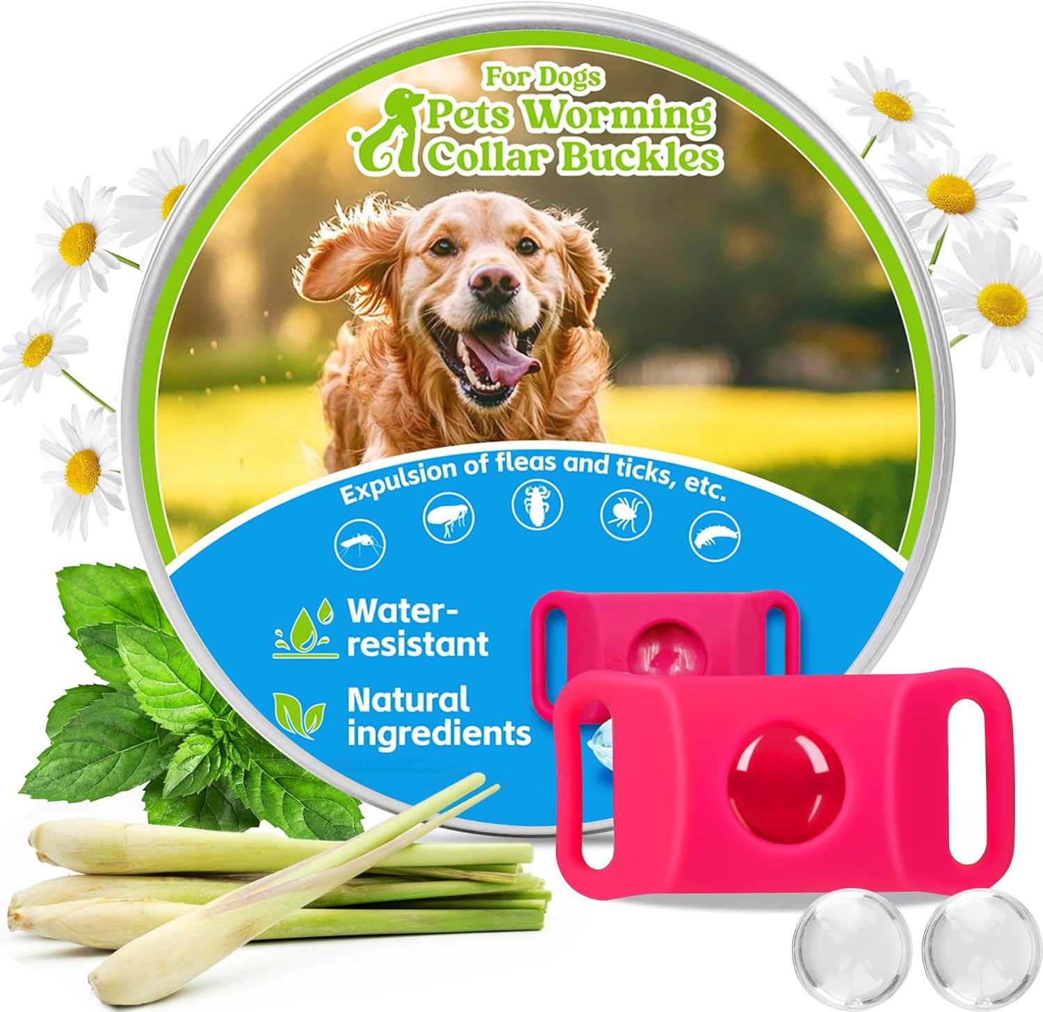 Natural Dog Tag for Flea & Tick Prevention – Waterproof Collar Pendant with 2 Extra Refills, Pink, Safe for All Breeds, Collar Not Included