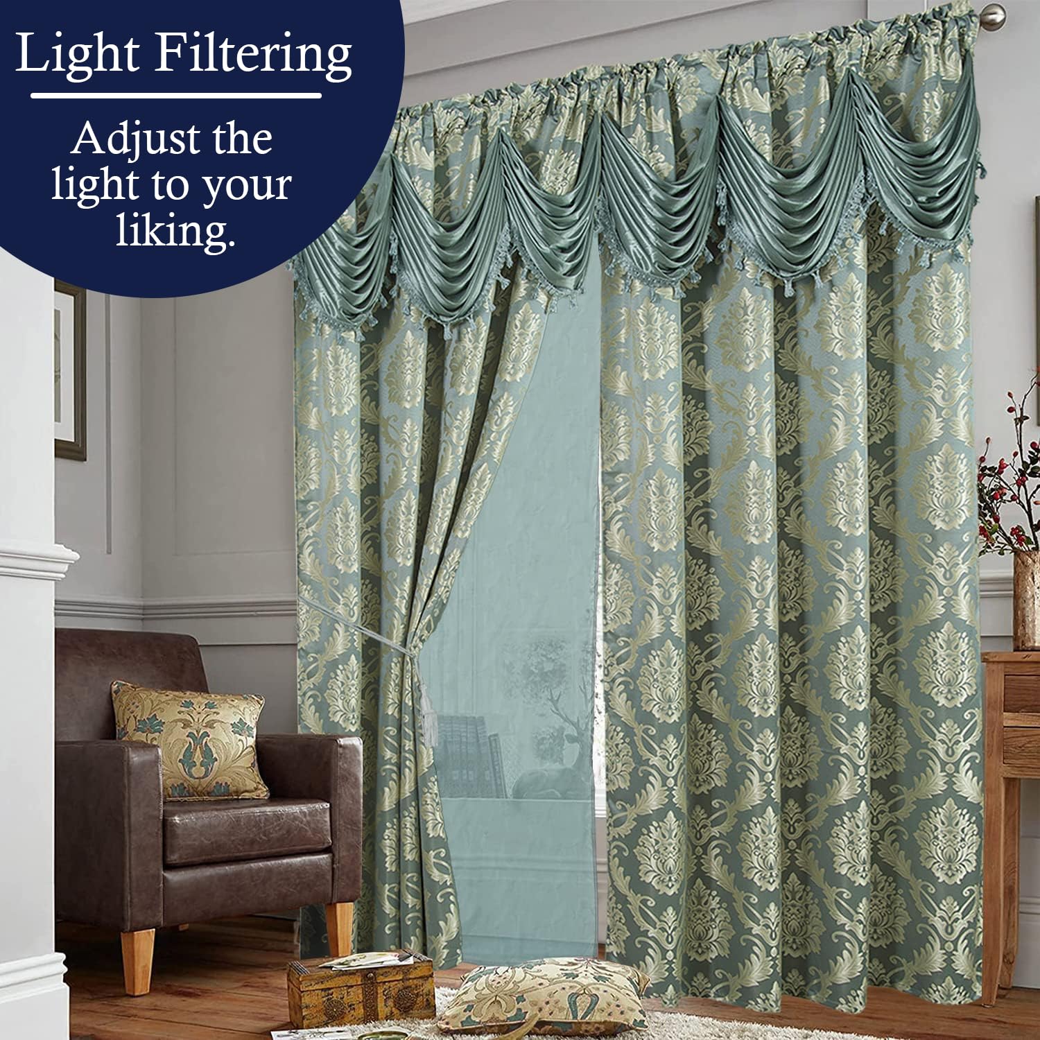 Jacquard Window Luxury Curtains for Living Room and Bedroom 54 W x 84 L Inches, 2 Panel Set including Attached Valance - Image 3