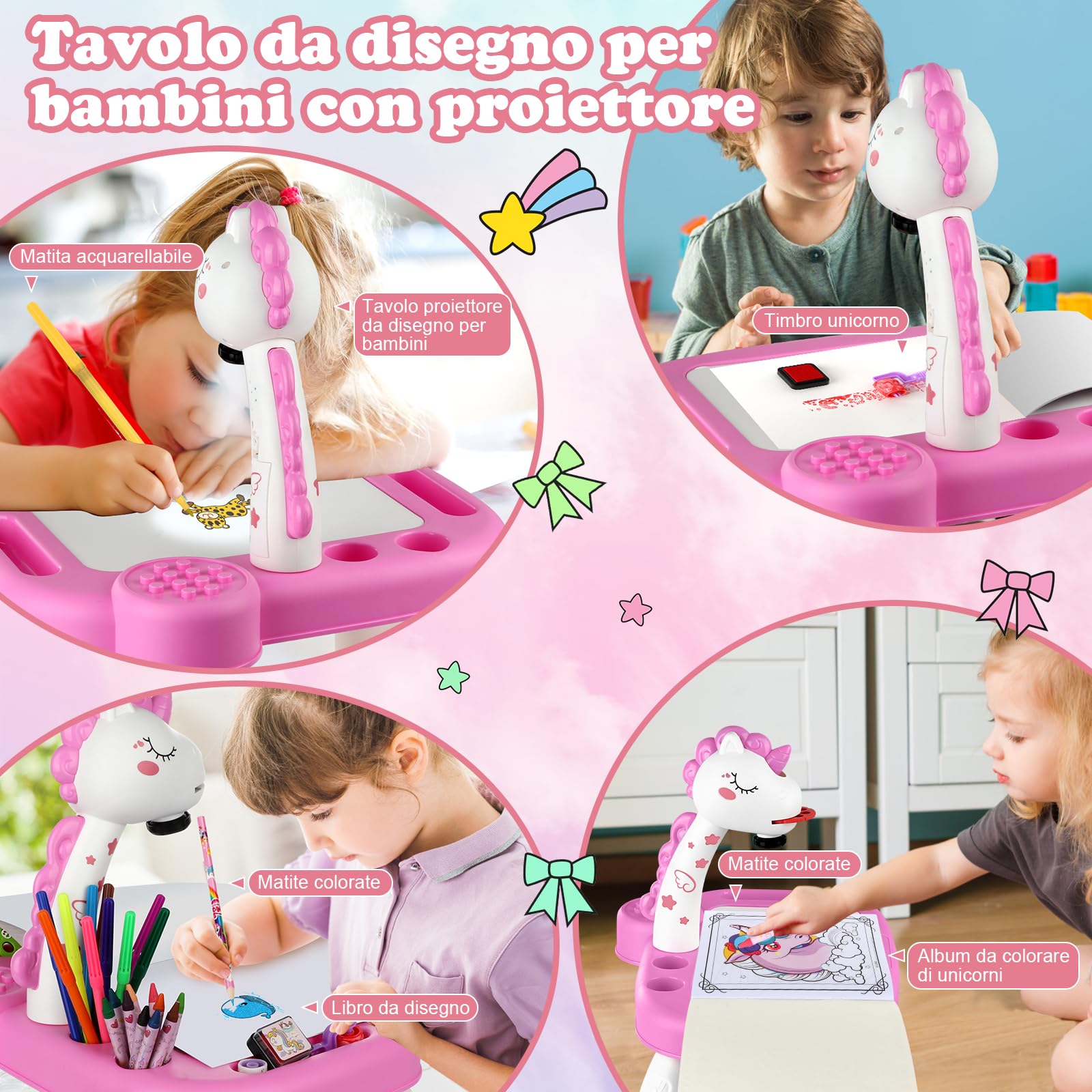 Giochi Bambina Proiettore da Disegno per Bambini con 72 Motivi Proiettore per Bambini con Set da Pittura Adesivi Unicorno Tavolo da Pittura per Bambini Giocattoli Unicorno Regalo Bambine 3 4 5 6 anni