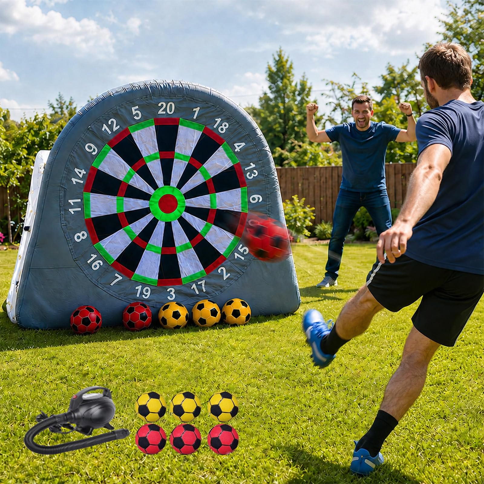 Juego de dardos de fútbol inflable, 2 en 1, combo de objetivo y portería de fútbol inflable con 6 pelotas de fútbol y bomba de aire eléctrica de 800 W para actividades deportivas, fiesta de