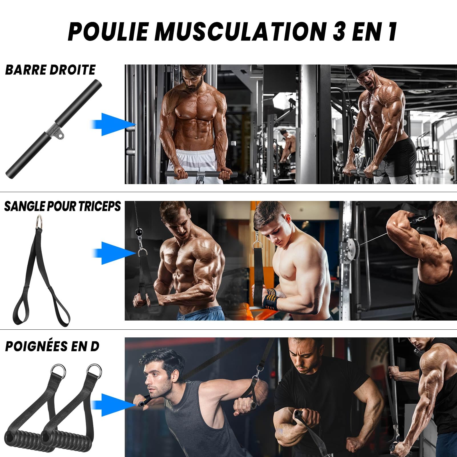 Poulie Musculation, 3 en 1 Muscu Machine kit Poulie de Tirage Musculation Maison avec Mousse Barre Poignet, Appareil Fitness Accessoire pour Triceps Biceps Bras Poitrine Dos