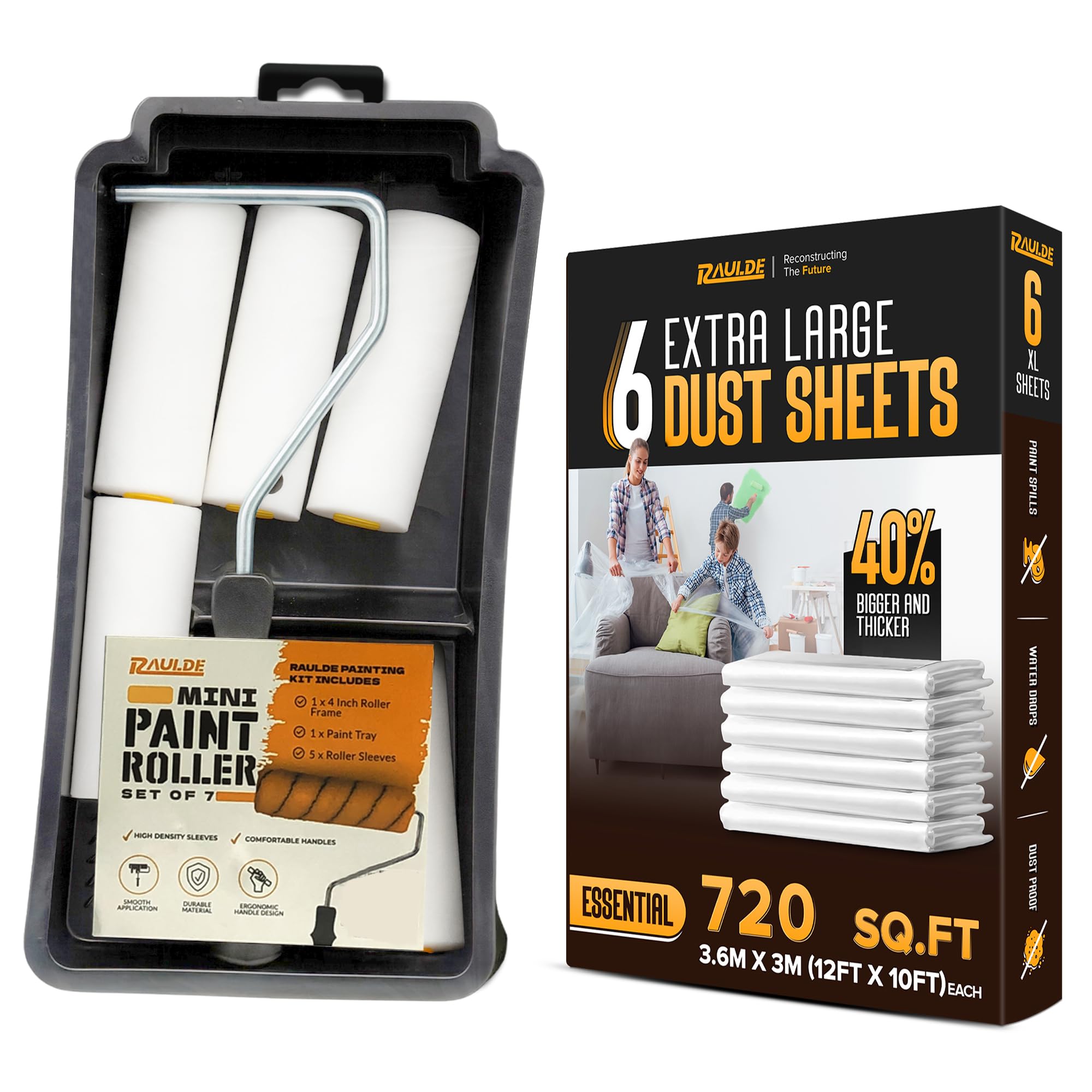 7 Pcs Paint Roller Set with 6X Large Plastic Dust Sheets – Complete Painting Kit with Rollers, Brushes, Trays, Masking Tape & Plastic Sheets for Walls, Ceilings & Furniture Protection