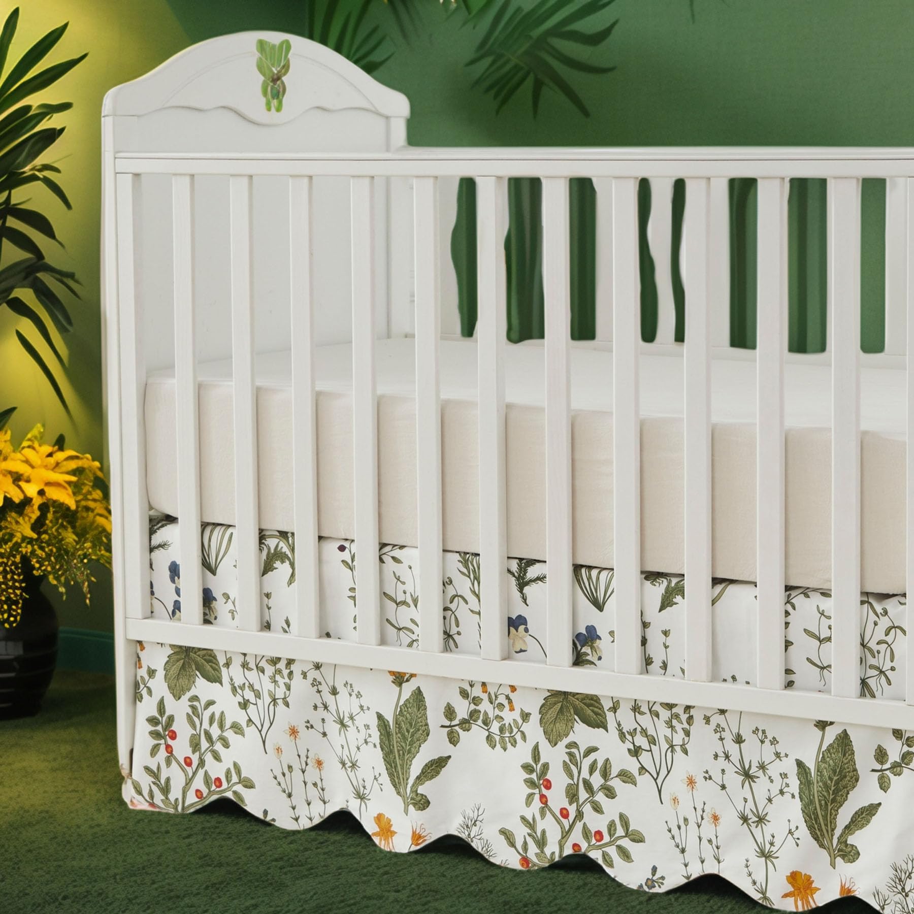 Brandream Scallop Edge Cotton Crib Skirt Toddler Bedskirt Baby Nursery Crib Bed Skirt Boho Bohemian Neutral Vintage Sage Green Botanical Floral Farmhouse Chic Boho Bohemian Skirt