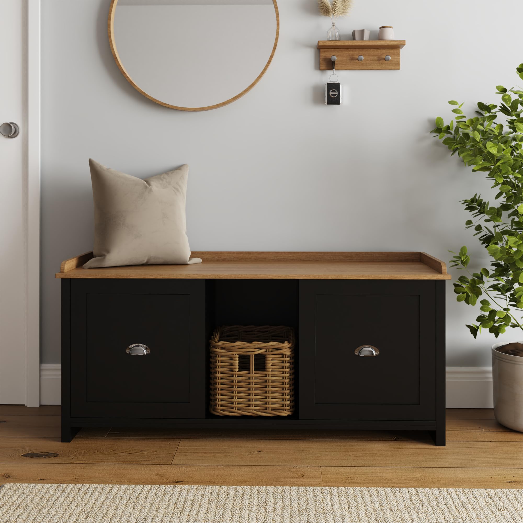 GFW Lancaster Black 2 Door Shoe Bench, Hallway Storage Bench with Adjustable Shelves & Oak Effect Top