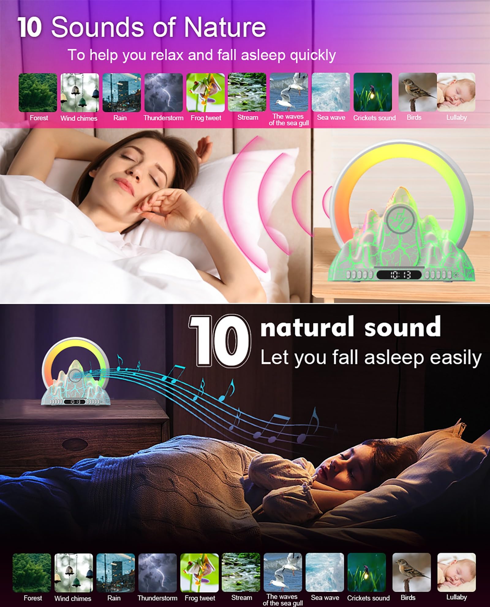 Réveil Lumineux Wake Up Light Sunrise avec Chargeur Sans Fil, Éclairage 16 Millions De Couleurs et Sons Naturels pour Décorer Votre Bureau Ou Votre Chambre à Coucher
