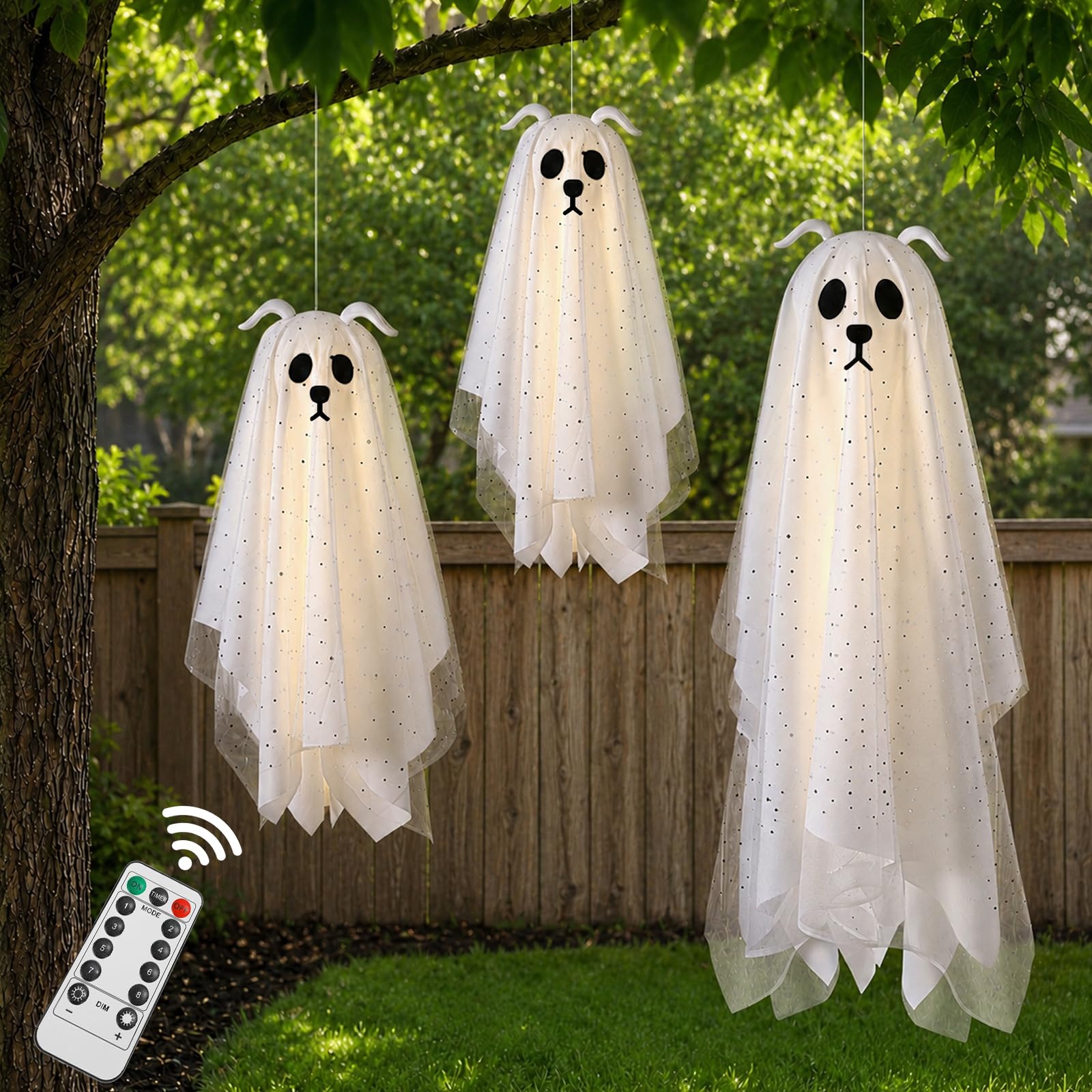 Halloween Decorations Outdoor, 3 Pack Lighted Dog Ghost Hanging Decor