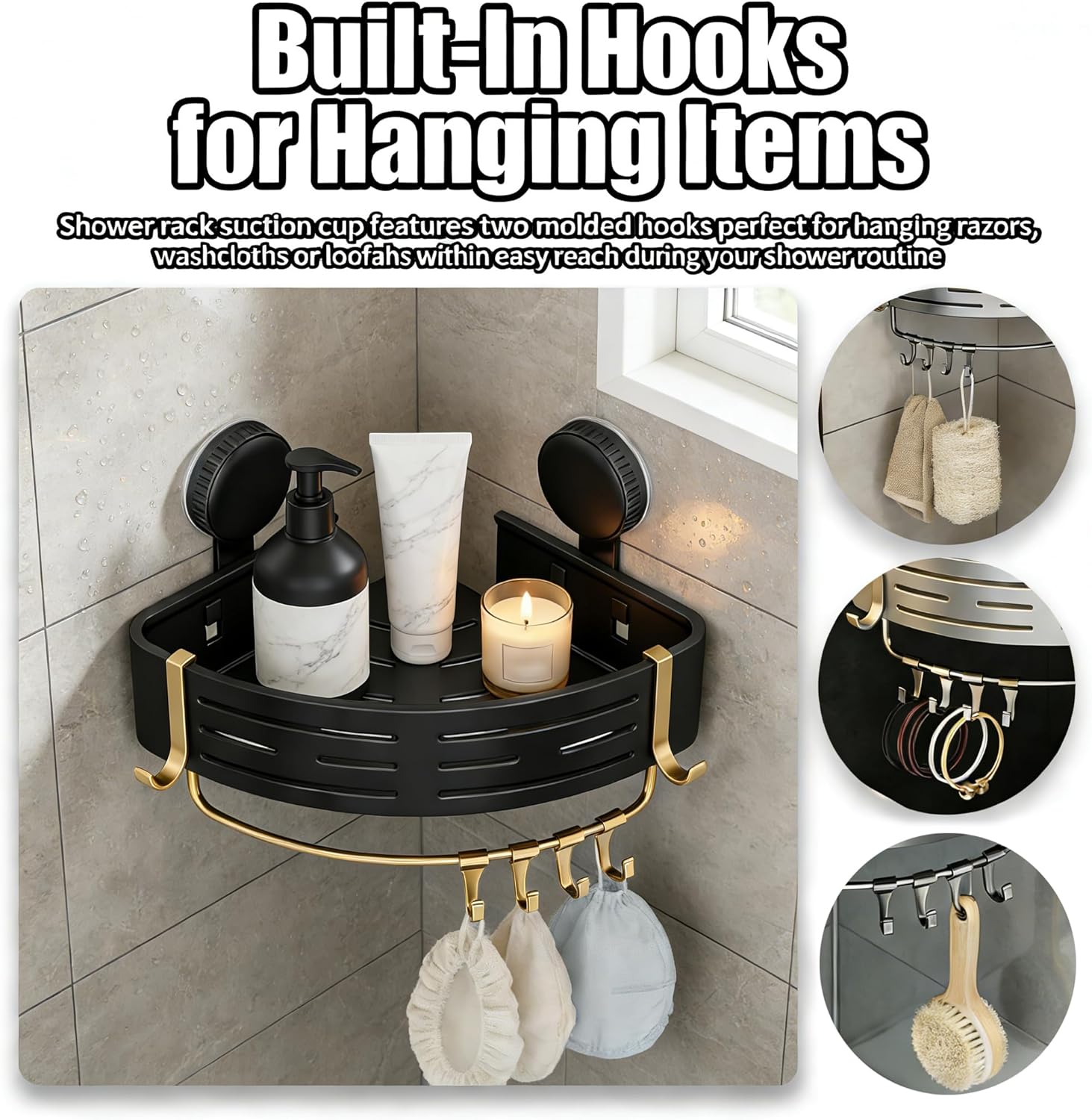 Triangle Suction Cup Shower Caddy, No Drill Bathroom Corner Shelf, 2-Tier Shower Organizer with Towel Bar & Hooks, Rust Resistant Shower Storage Rack for Bathroom (Black*3)