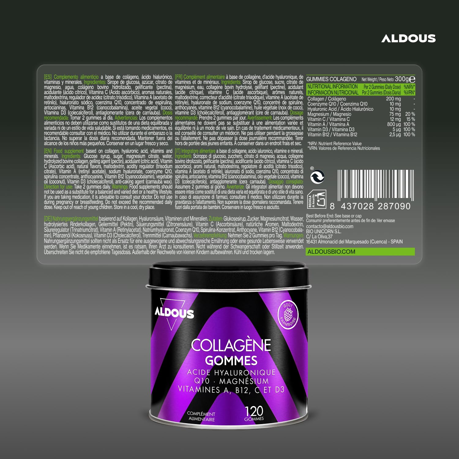 Collagène avec magnésium et acide hyaluronique - 120 gommes - Avec Q10 et Vitamines C, B12, D3, A - Collagène hydrolysé - Articulations solides, peau lisse et de l'énergie - Aldous Collagene
