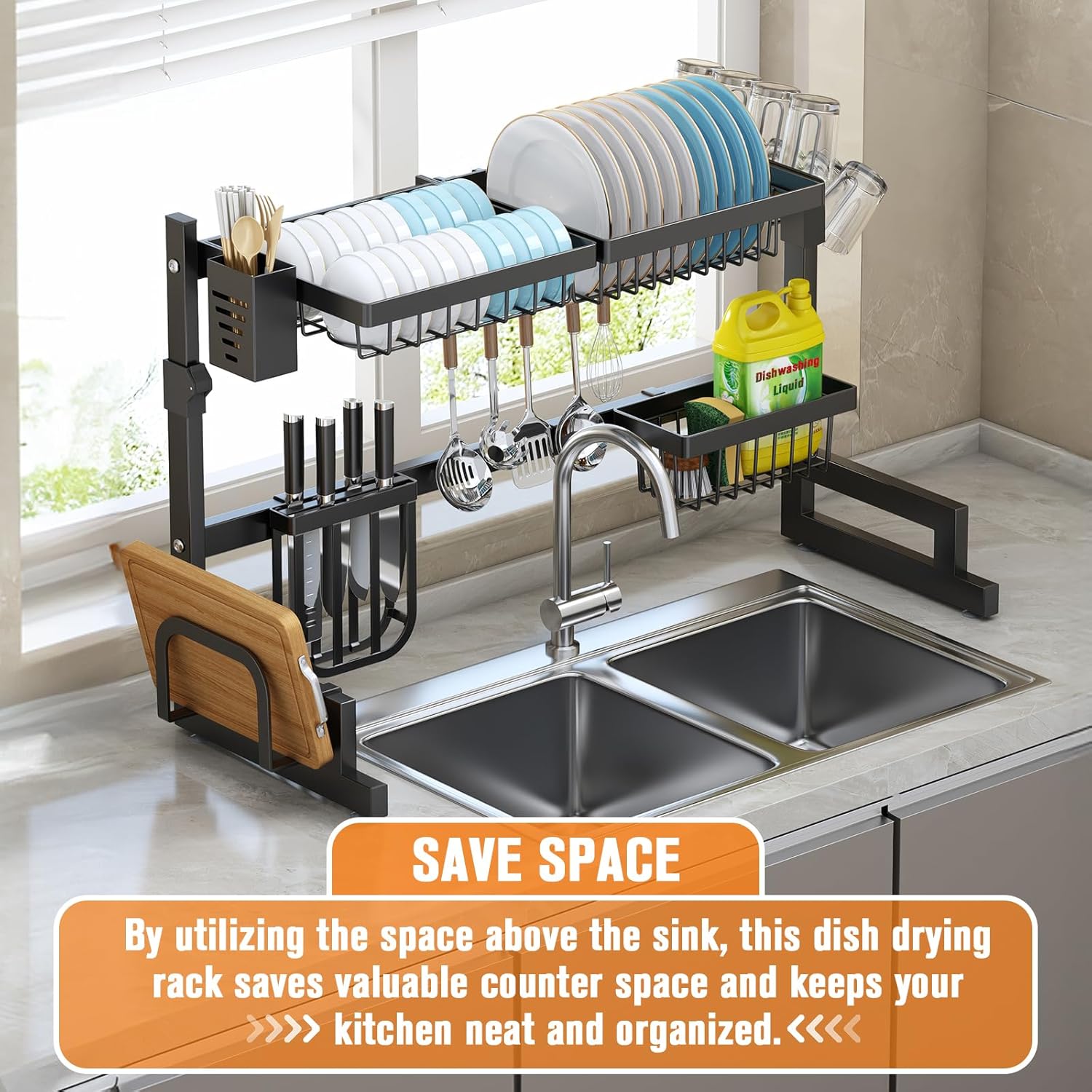 TOPEMAI Over The Sink Dish Drainer Drying Rack - 2 Tier Dish Drying Rack Over The Sink, Snap-On Design, Adjustable Length/Height, Stainless Steel Above Sink Drying Rack for Kitchen Counter, Black