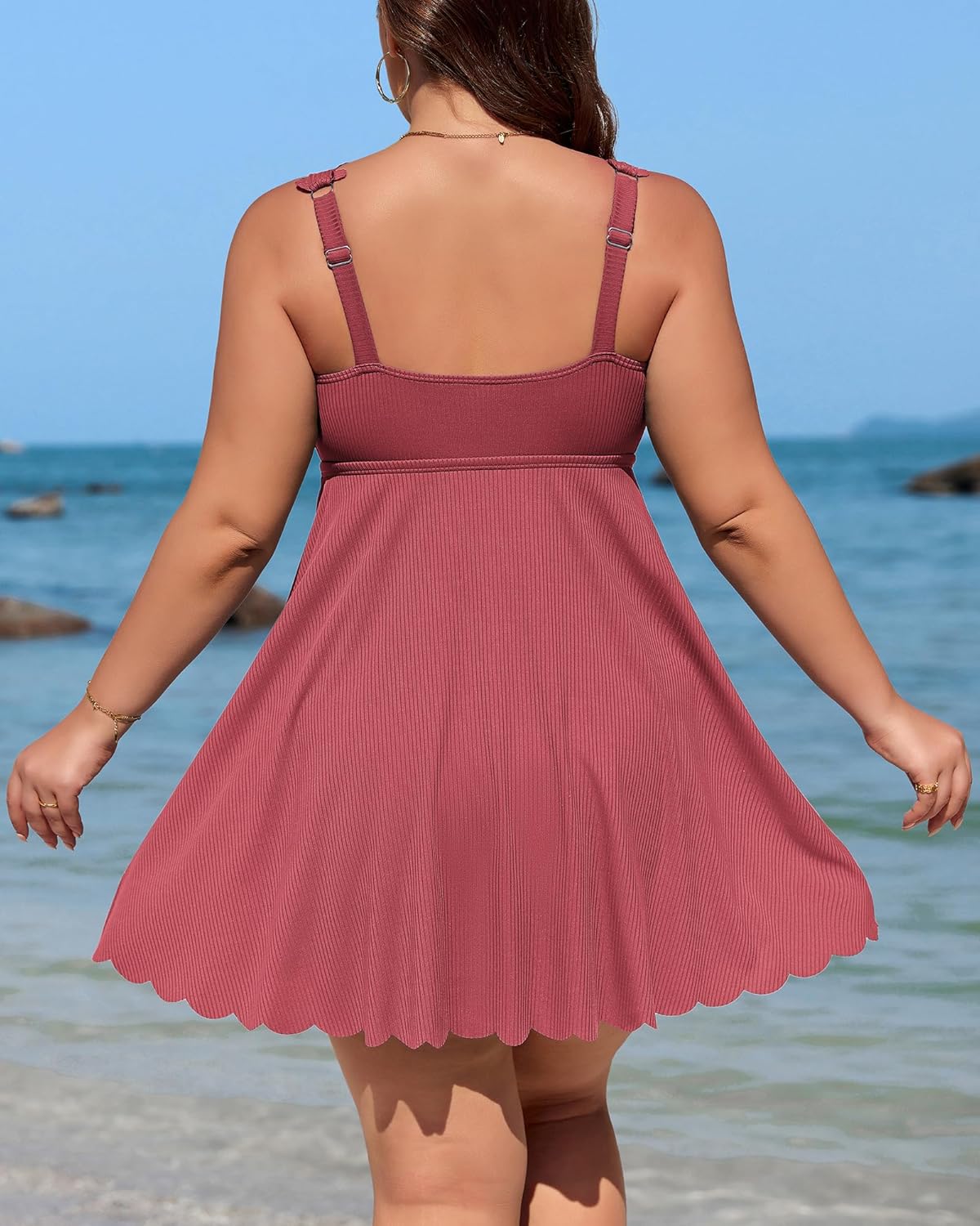 Charmo Women Plus Size Swim Dress Scalloped Square Neck One Piece Swimsuit Tummy Control Bathing Suit Rushed Swim Suits 2026