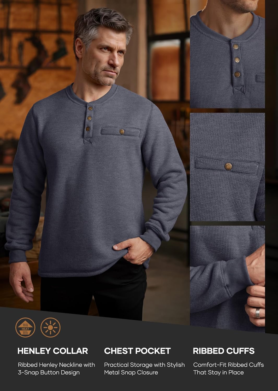 Mens Waffle Sherpa-Lined Henley Shirts Long Sleeve Thermal Pullover Casual Winter W... - Image 6