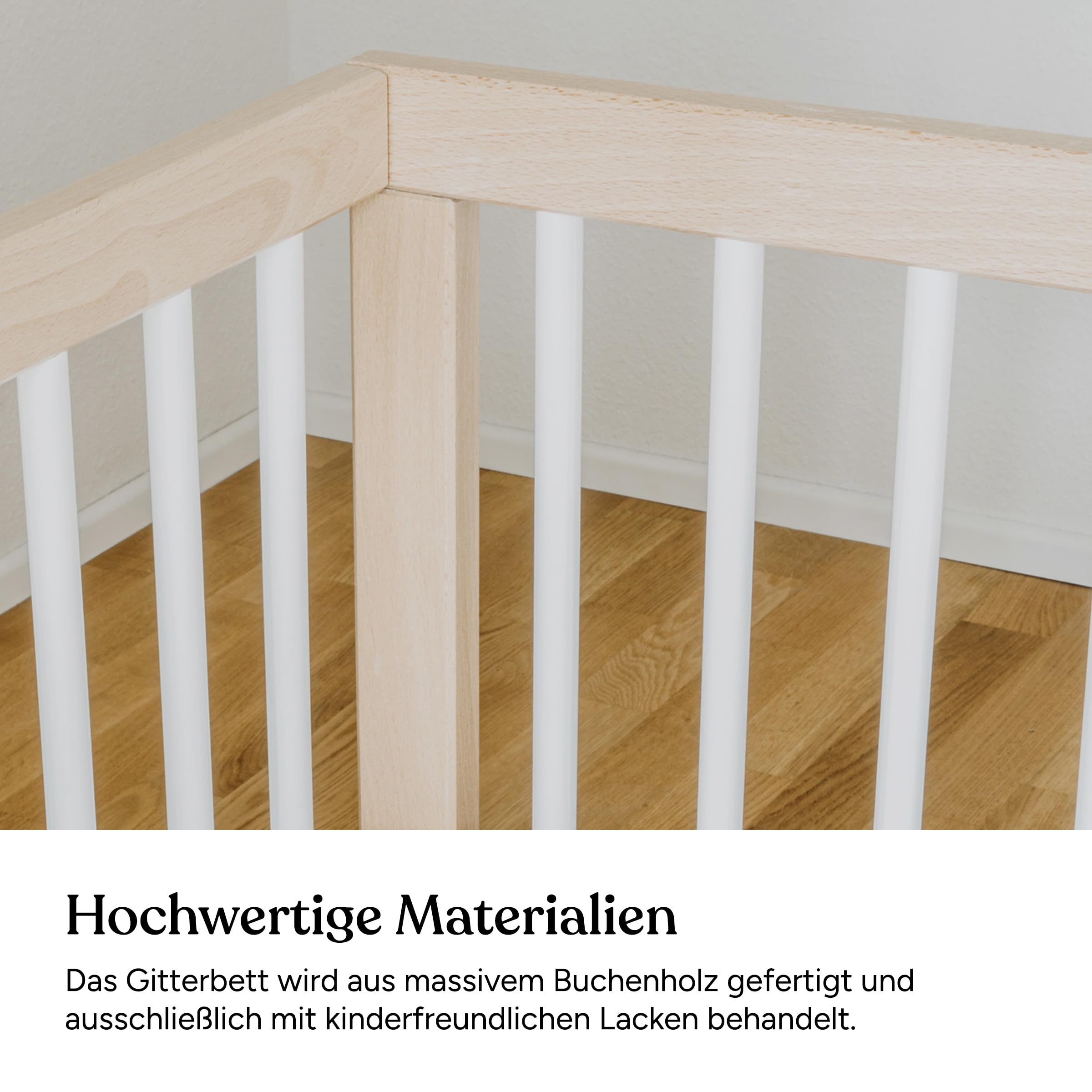 Ehrenkind® Babybett PUR inkl. Schublade 120x60 Buchenholz | Natur-Weiß | Kinderbett 9-Fach höhenverstellbar mit entnehmbaren Stangen | Baby Bett