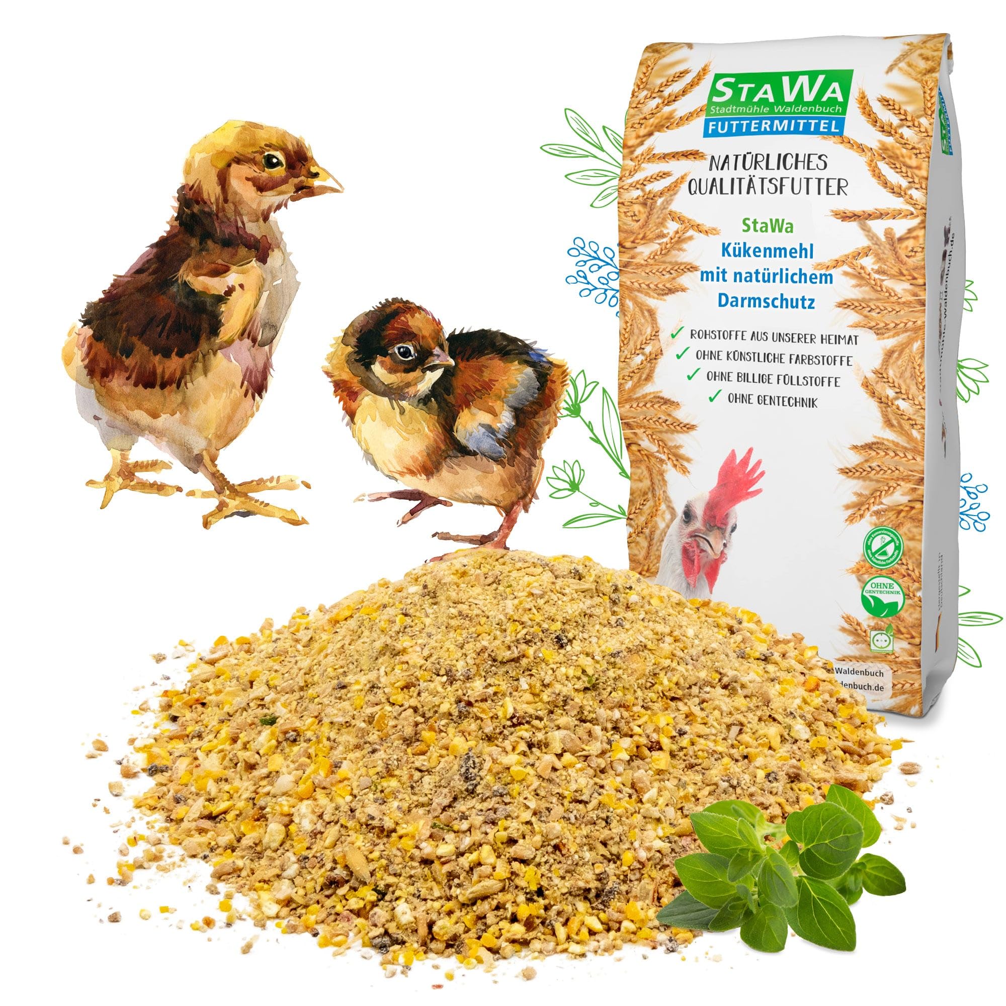 StaWa Kükenmehl Kükenaufzucht Alleinmehl, natürlicher Cocci-Schutz durch Majoran und Oregano-Öl, ohne Gentechnik, mit Leinschrot + Schwarzkümmel, Premium Kükenfutter für sichere Aufzucht, 5 kg