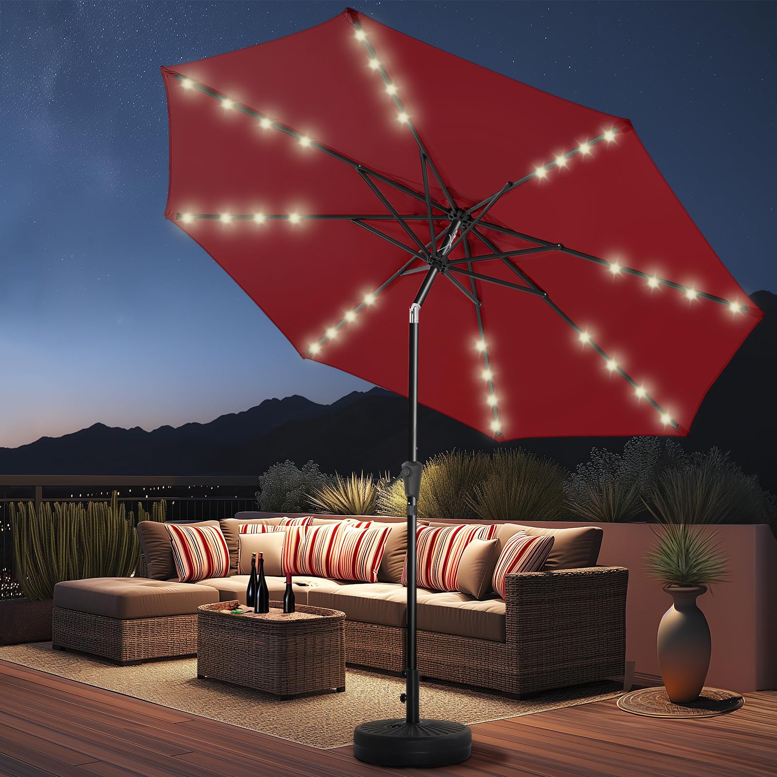 9ft Solar Patio Umbrella - Solar Lights LED Lighted Outdoor Market Table Umbrella, UPF50+ UV Protection with Push Button Tilt, Crank for Pool Deck and Garden (Burgundy Red)