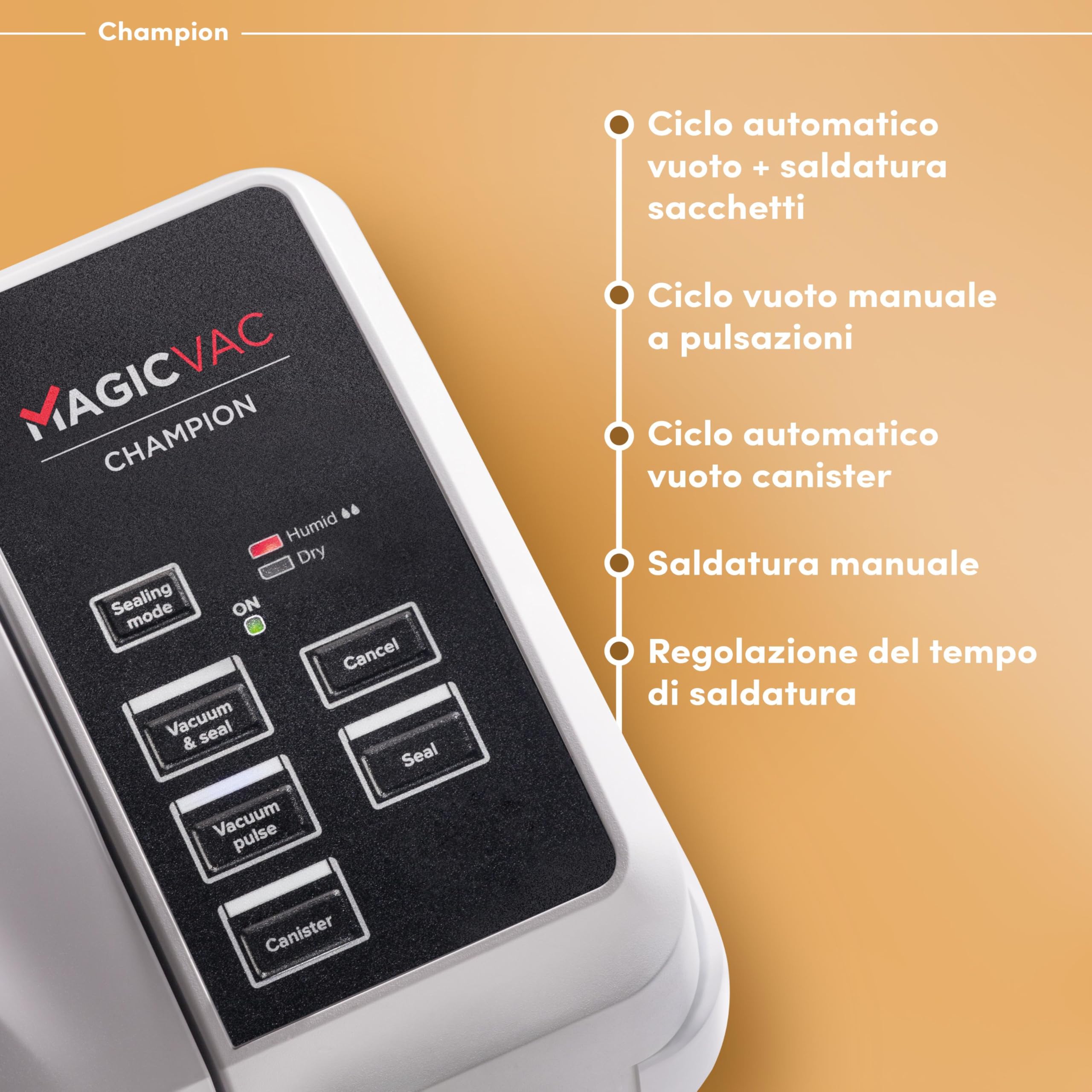 Magic Vac, Champion, Macchina Sottovuoto Alimenti Multifunzione Professionale, per Sacchetti Sottovuoto e Cottura, con Potente Motore e Kit Sottovuoto Alimenti, Brevettata, Made in Italy, Bianca