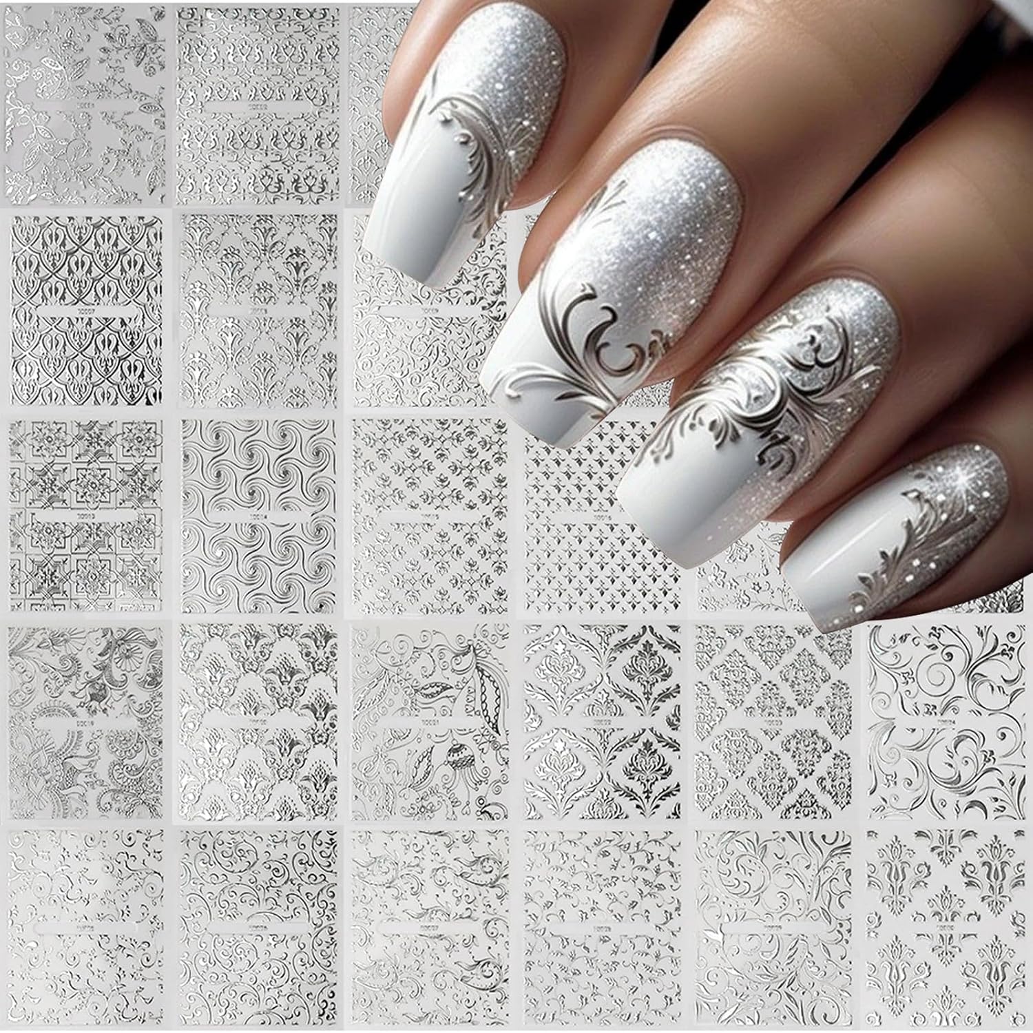 Silver Retro Floral Vine Nail Art Stickers 30 Sheets Silver Hollow Lace Design Nail Stickers 3D Self-Adhesive Nail Supplies for Women Girls DIY Manicure Slider Decorations