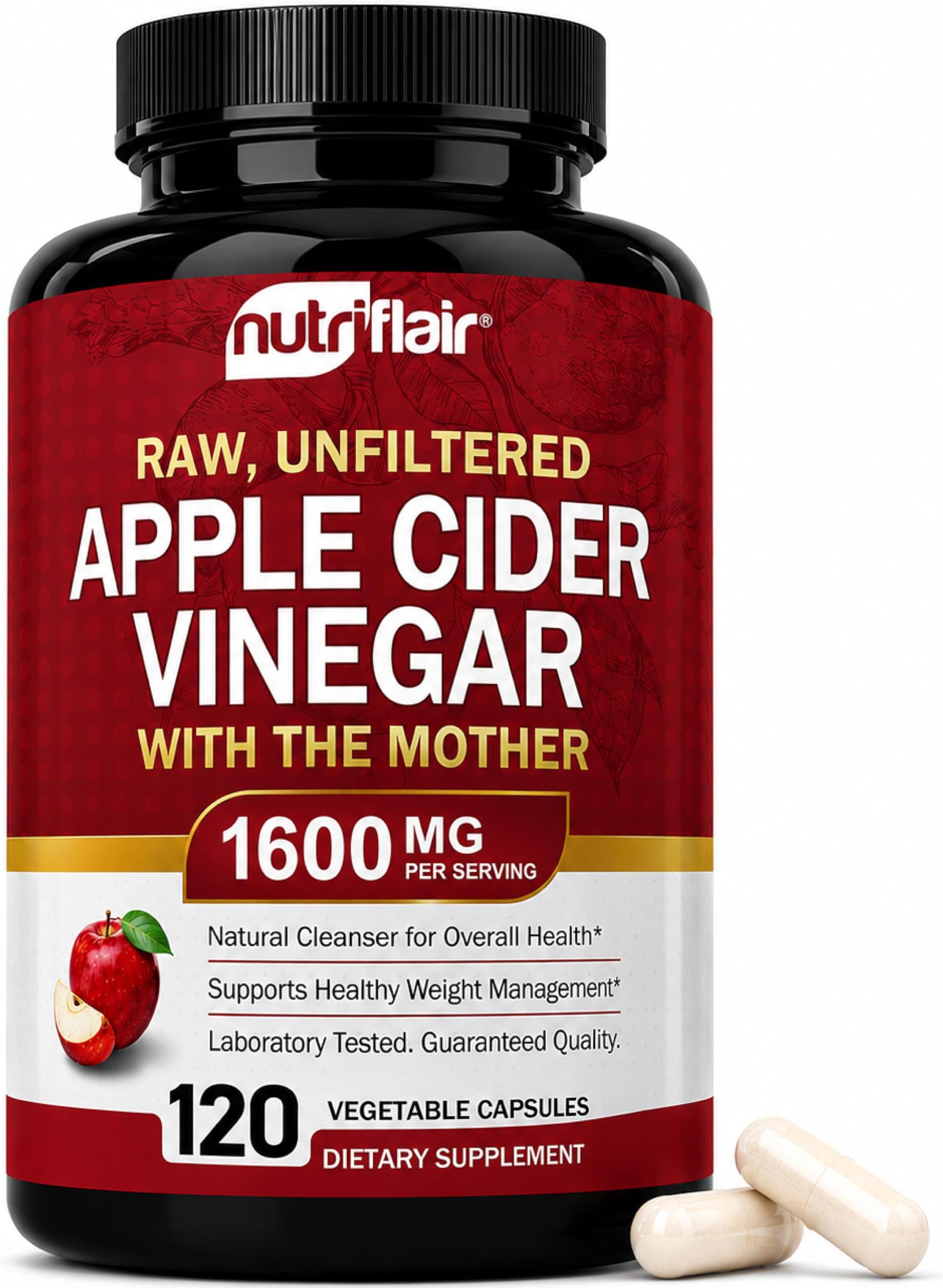 NutriFlair Apple Cider Vinegar Capsules with Mother 1600mg, 120 Capsules | Made in USA | 1600mg | 60-Day Supply | Healthy Digestion | Metabolism | Immune Function