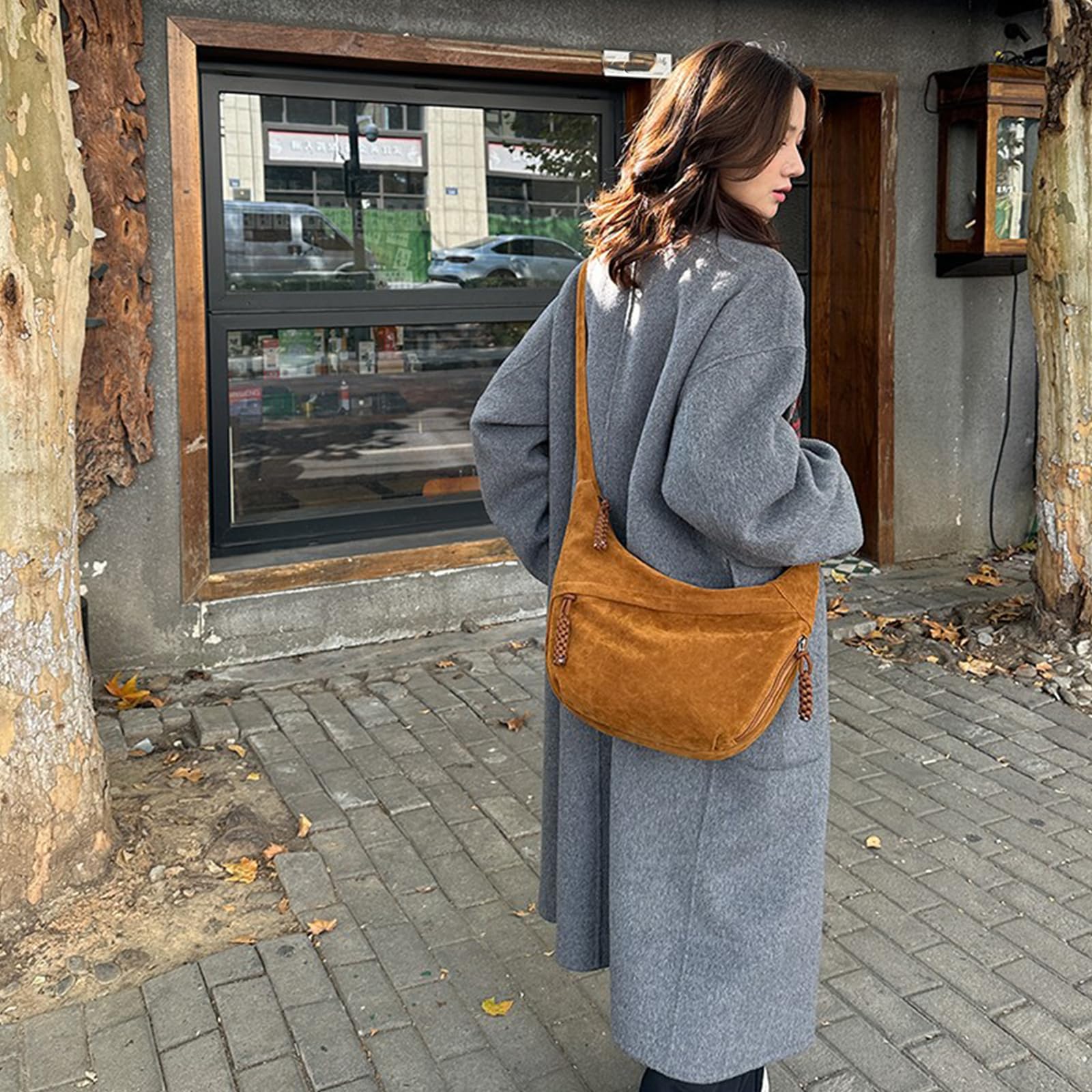 MRKU Umhängetasche aus Wildlederimitat, Retro-Stil, große Handtasche für Damen