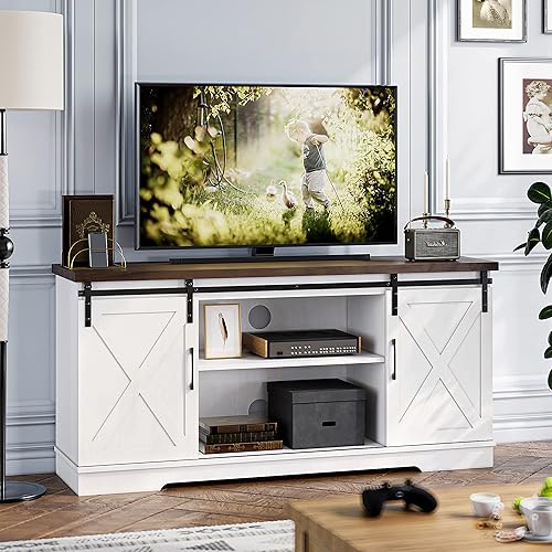Miniatura 9 de IDEALHOUSE Soporte de TV de granja, centro de entretenimiento para consola multimedia de TV de 65 pulgadas, soporte de TV blanco con puerta de