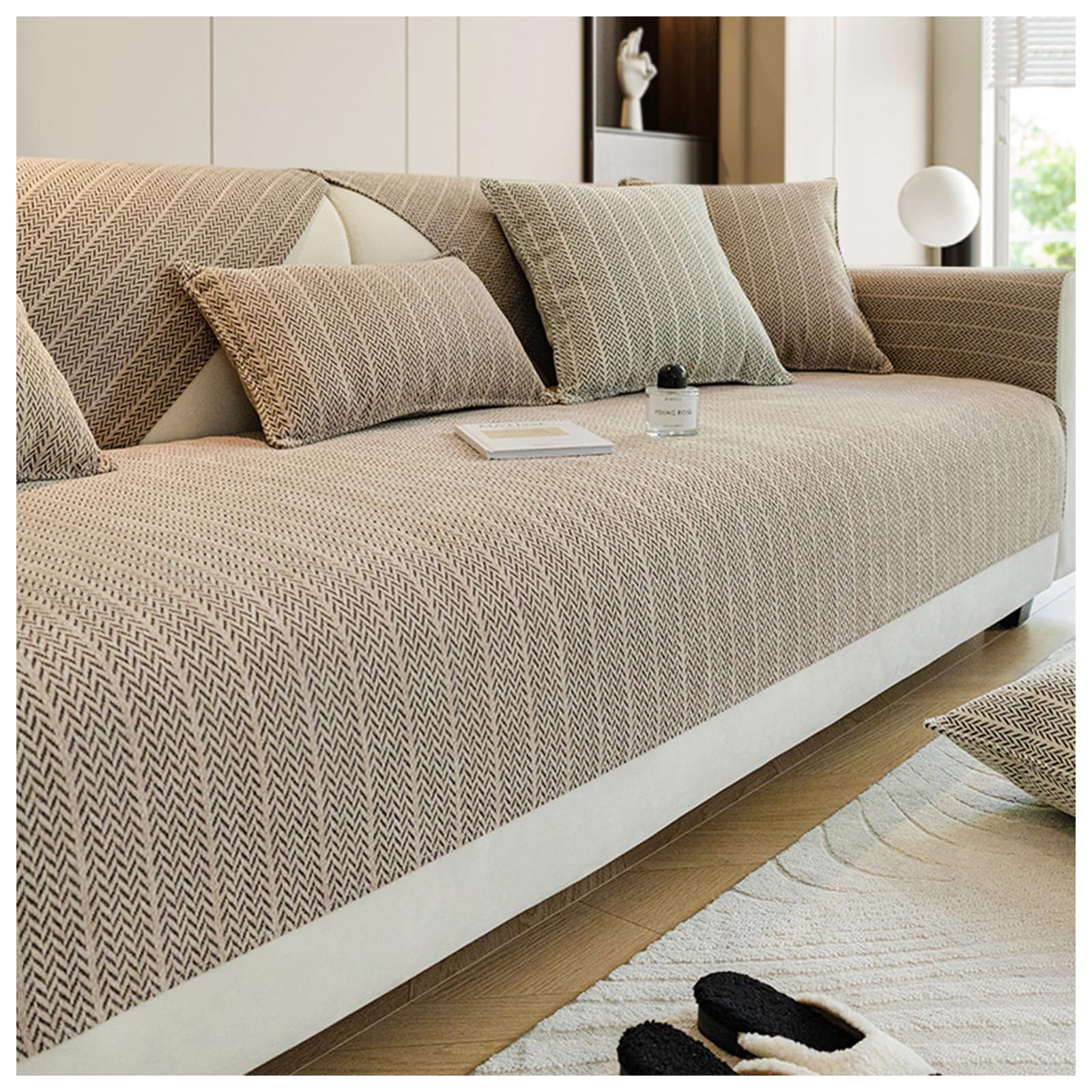 Solid Color Chenille Anti-Scratch Herringbone Couch Cover, Non Slip Sofa Cover, Washable All-Seasons Anti-Scratch Home Decoration Slipcover for Living Room (Khaki,90 * 210cm)