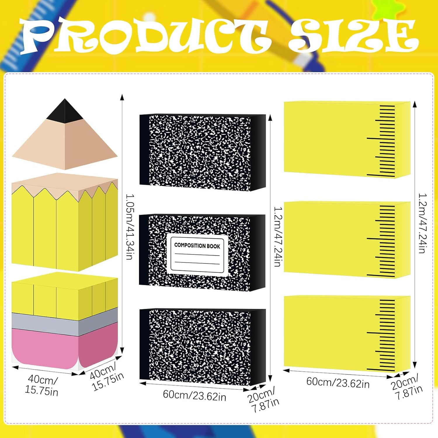 3.9 ft Kindergarten Graduation Decorations Preschool Decoration Giant Pencil Notebook Rulers Boxes Large Classroom Theme Decor Class of 2026 Photo Booth Props for Preschool Kindergarten