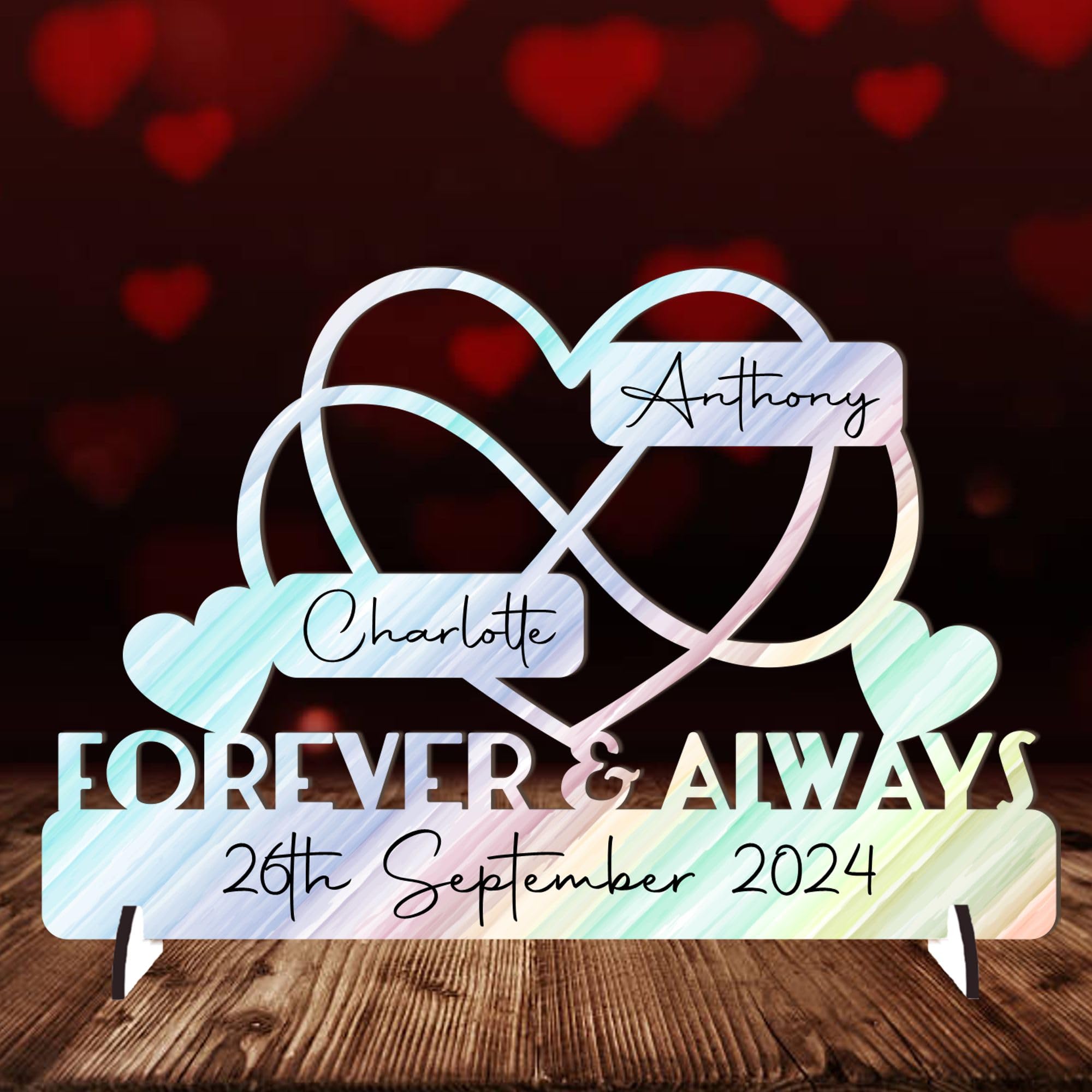 Personalised Forever & Always Infinity Heart Sign Wedding Anniversary Sign - Customised with Couple's Names and Marriage Date - Gift for Him, Her, and Couples - 20cm x 13cm (Rainbow)