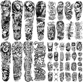 46 Large Chicano Temporary Tattoo for Men Women, Full Arm Day of the Dead Gangster Prisoner Fake Tattoos Mexico Cholas Lowriders Clown Tattoos, Tiny Cosplay Body Tattoos Stickers Realistic Adult Kid