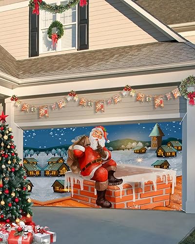Pancarta de Navidad para puerta de garaje, 7 x 8 pies, Papá Noel de Navidad con regalos, decoración de puerta de garaje, decoración de fondo de