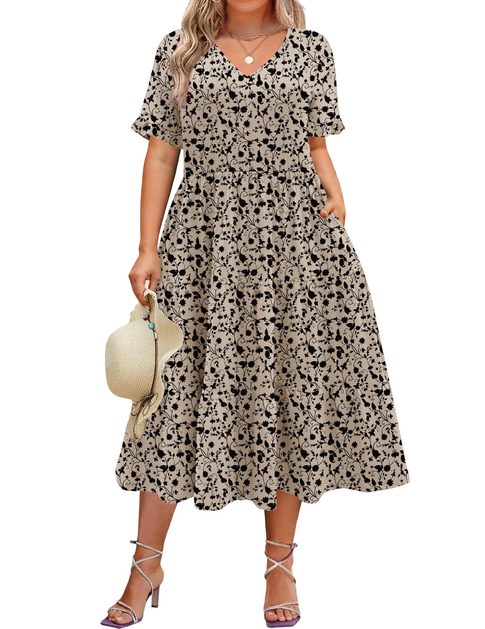 IN'VOLAND Womens Plus Size Short Sleeve Dress Summer Midi Casual Tiered V-Neck Aline Flowy Loose Dresses with Pockets