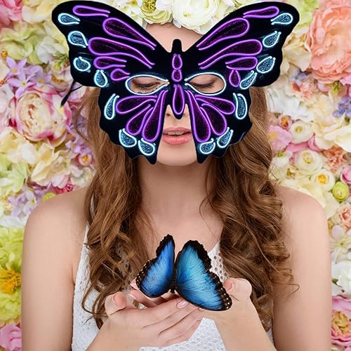 Máscara de mariposa iluminada Halloween, cosplay y fiestas rave con alas realistas y luces LED, máscara de elfo de hada, mariposa, lista para