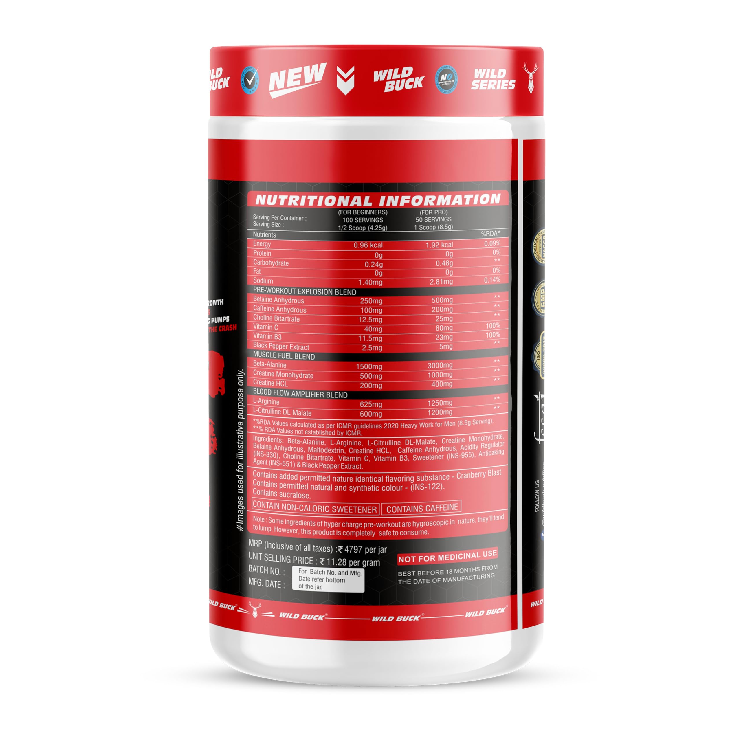 Wild Buck Hyper Charge Pre-X4 Hardcore Pre-Workout Supplement with Creatine Monohydrate, Arginine AAKG, Beta-Alanine & Muscle Pump Formula | Caffeinated Punch for Explosive Energy, Focus & Strength [100 Servings, Cranberry Blast] — Amazon image 7