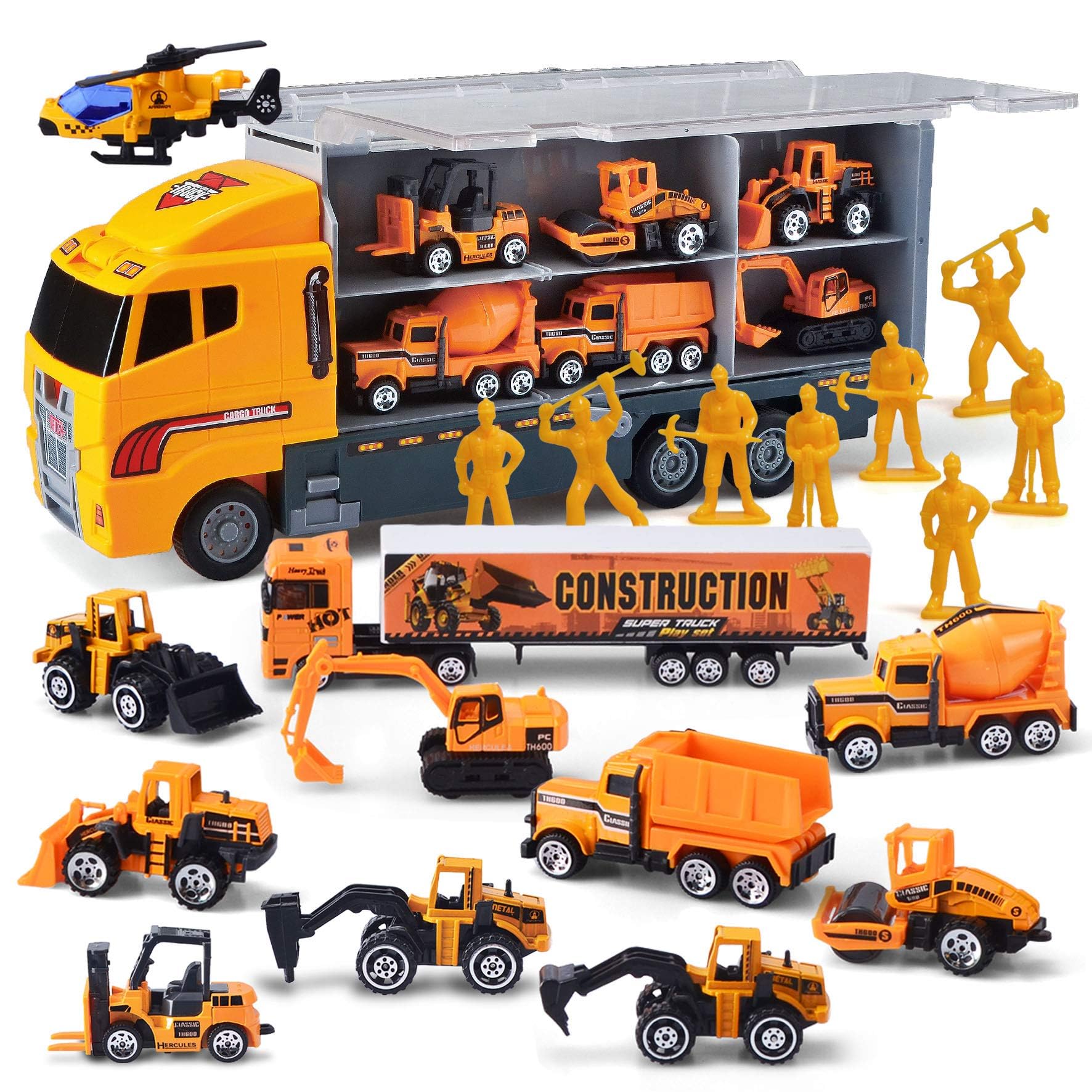 JOYIN Lot de 11 mini camions de construction moulés sous pression - Avec 8 figurines techniques - Cadeau d'anniversaire d'enfant pour garçons à partir de 3 ans